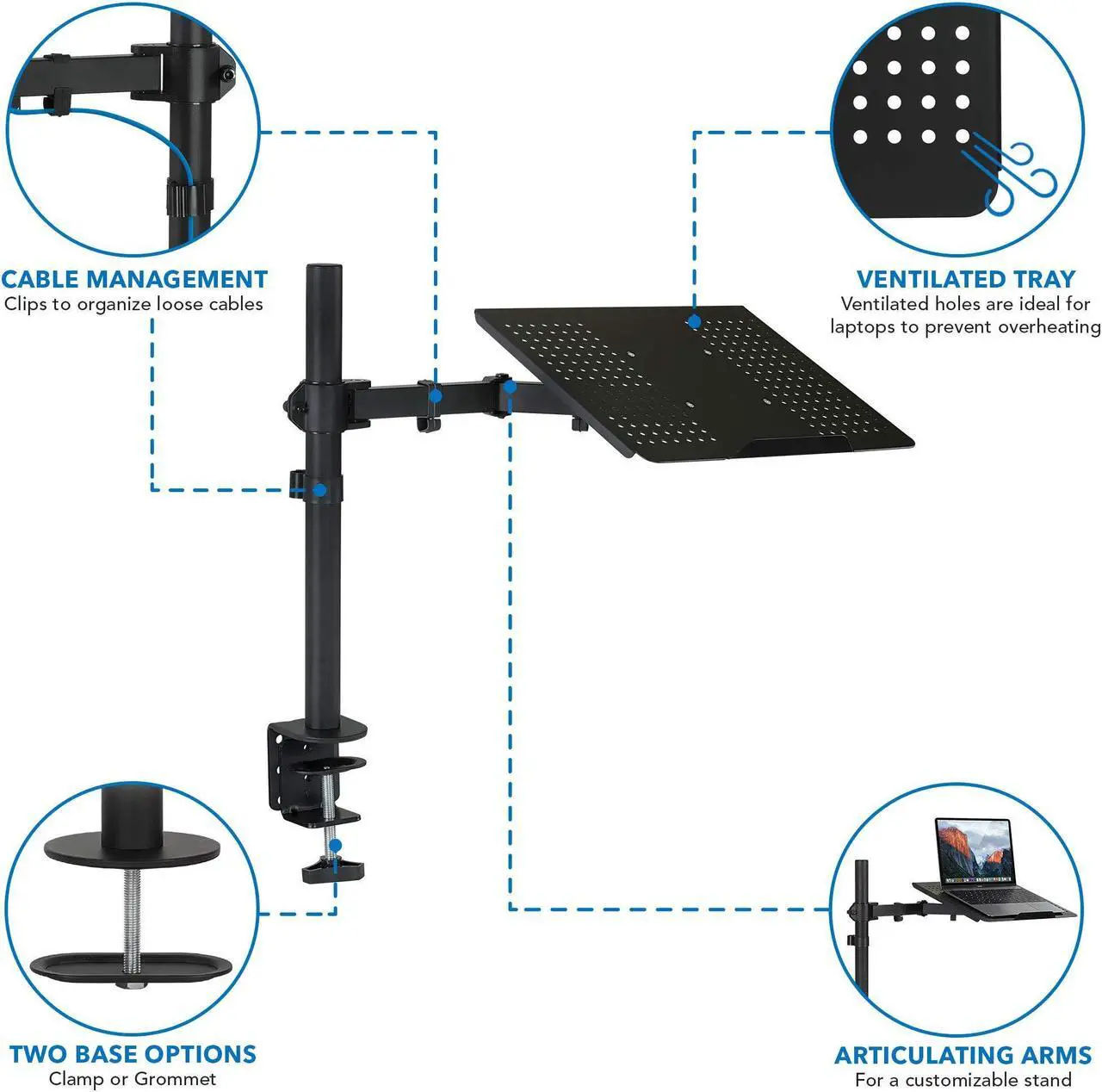 Alt view image 4 of 5 - Mount-It! Laptop Desk Mount, Full Motion Laptop Arm with Vented Tray, Heavy-Duty Adjustable Notebook Extension Arm up to 17 Inch with C-Clamp and Grommet Base