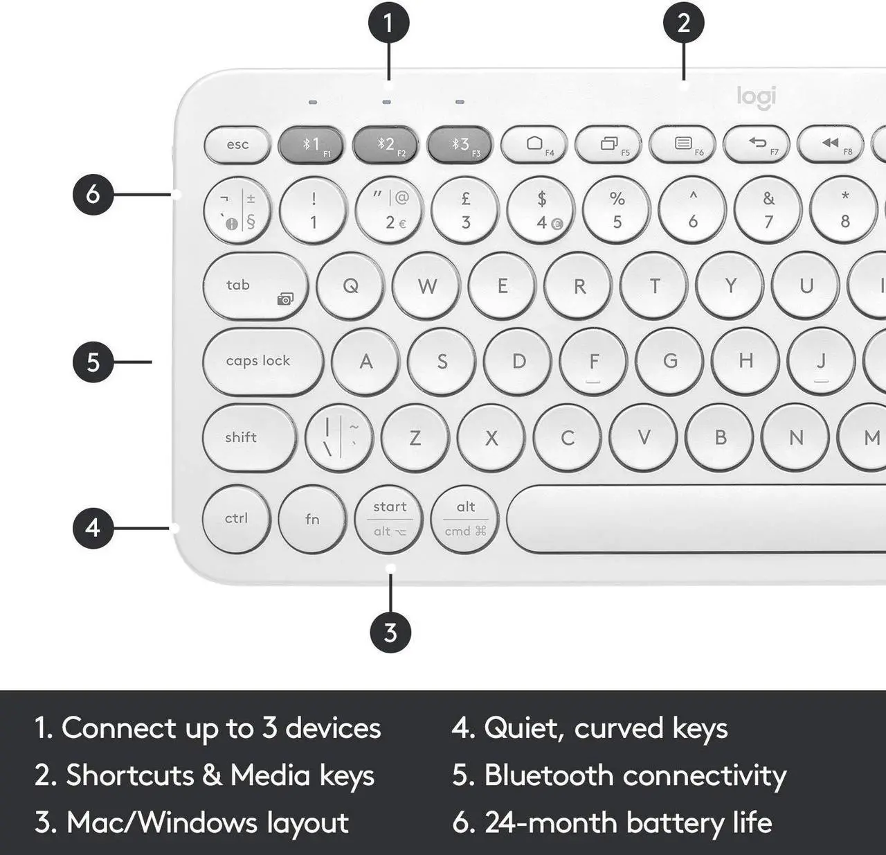 Alt view image 5 of 5 - Logitech K380 Pebble Wireless Multi-Device Keyboard for Apple iOS, Apple TV android or Chrome, Bluetooth, Compact Space-Saving Design, PC/Mac/Laptop/Smartphone/Tablet - Off White