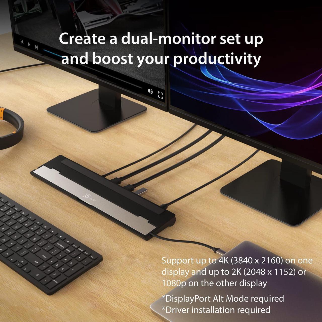 Alt view image 3 of 5 - j5create USB-C Dual HDMI Docking Station (10-in-1), 4K + 1080p Dual HDMI Display, 5Gbps USB-A x3, SD Card Reader, PD 100W, RJ45 Ethernet, Combo Audio Jack, for MacBook and Windows Laptop (JCD542)