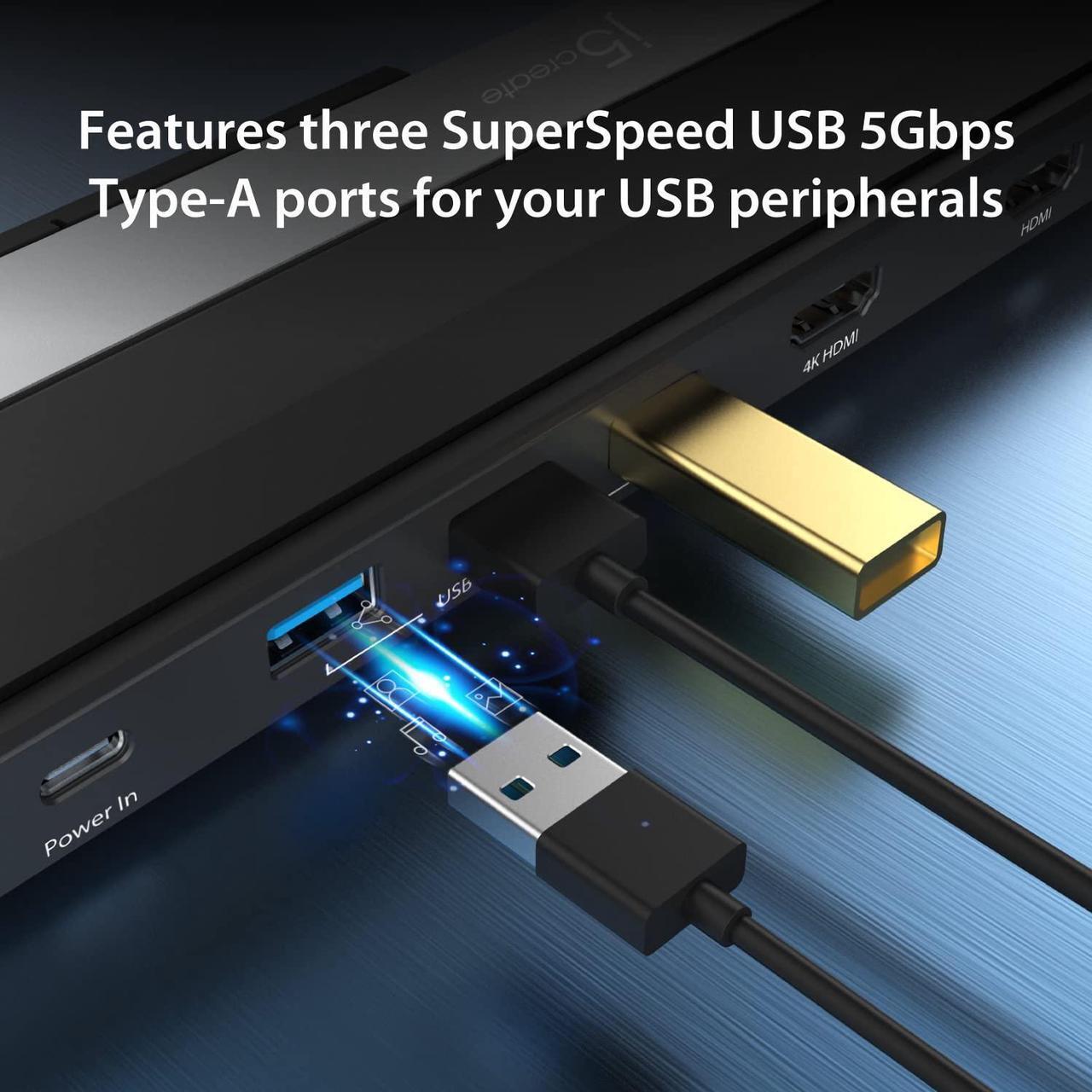 Alt view image 5 of 5 - j5create USB-C Dual HDMI Docking Station (10-in-1), 4K + 1080p Dual HDMI Display, 5Gbps USB-A x3, SD Card Reader, PD 100W, RJ45 Ethernet, Combo Audio Jack, for MacBook and Windows Laptop (JCD542)