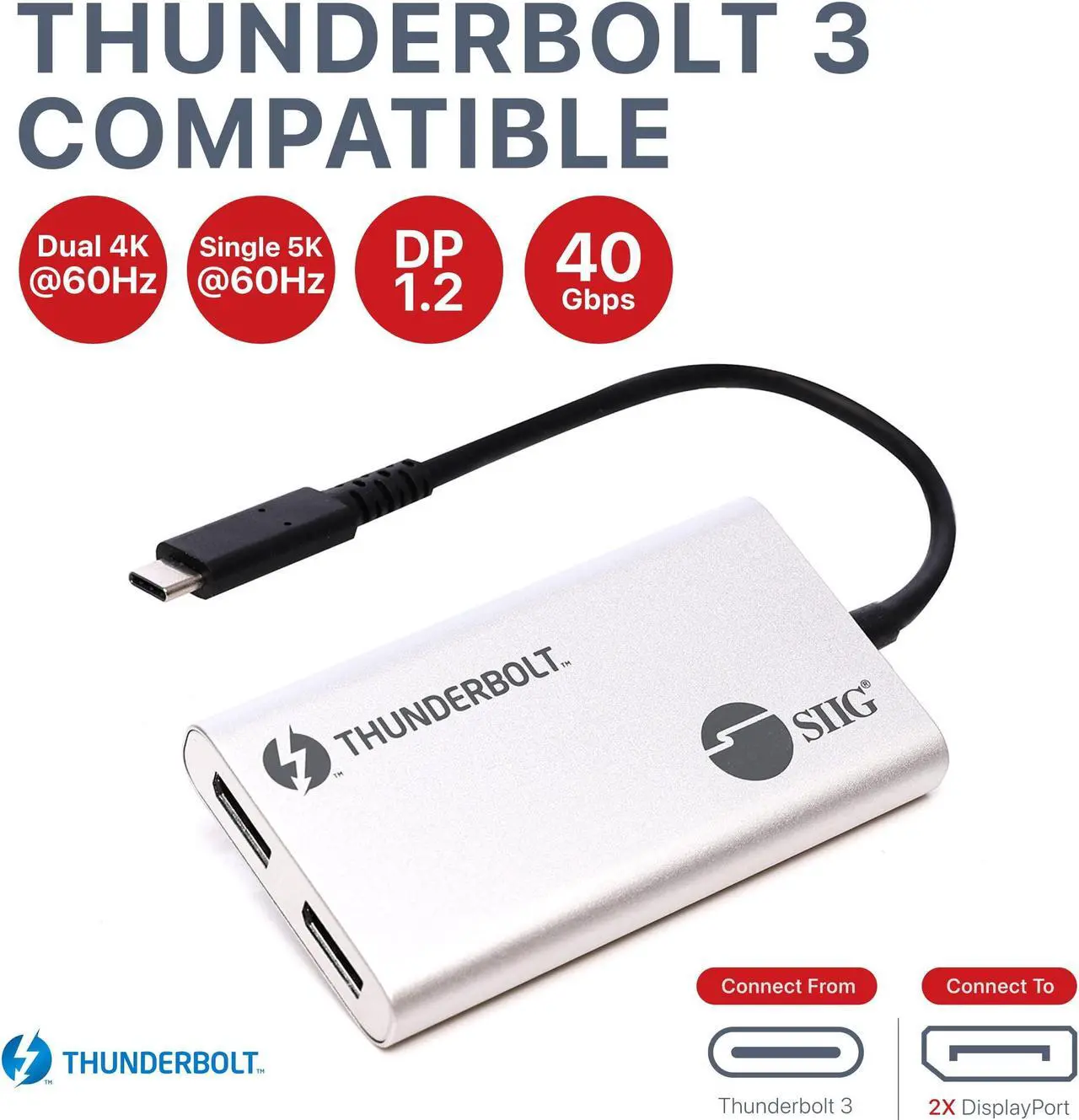 Alt view image 2 of 5 - SIIG Thunderbolt 3 to Dual DisplayPort Adapter - Single 5K@60HZ - Dual 4K@60HZ - USB Type C to 2 DP 1.2 Ports for Mac & Windows - MacBook Pro/MacBook/Dell XPS/HP/Lenovo JU-TB0611-S1