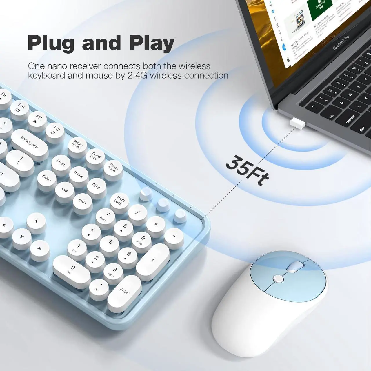 Alt view image 2 of 4 - Atelus Wireless Keyboard and Mouse, Typewriter Full Size Keyboard with Number Pad and 2 in 1 USB Connected Mouse for Mac, Windows 7/8/10, Laptop, Desktop, PC, Computer (Blue-White)