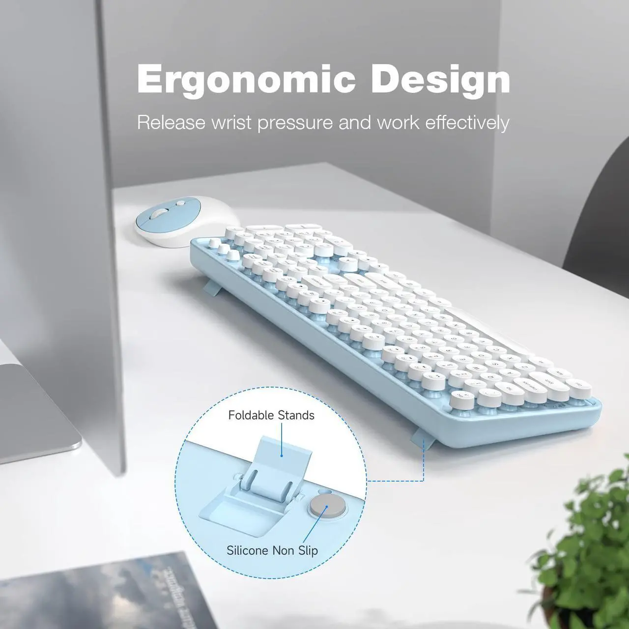 Alt view image 4 of 4 - Atelus Wireless Keyboard and Mouse, Typewriter Full Size Keyboard with Number Pad and 2 in 1 USB Connected Mouse for Mac, Windows 7/8/10, Laptop, Desktop, PC, Computer (Blue-White)