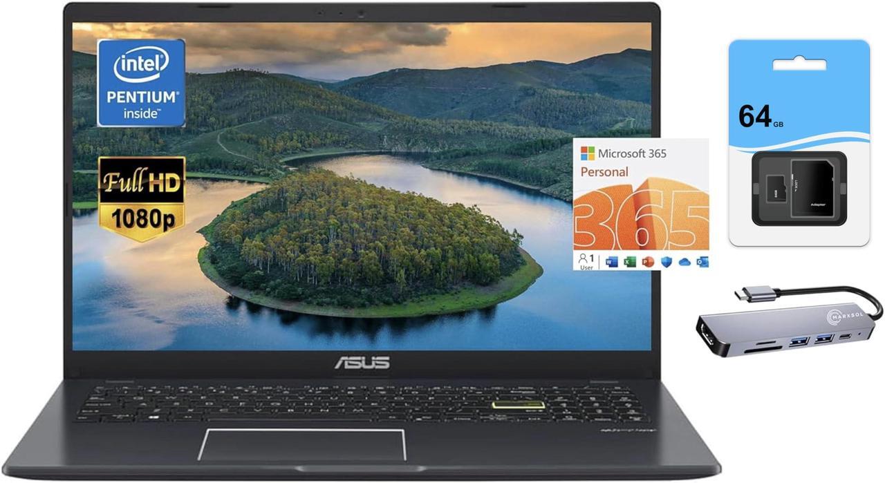 Main image of asus Laptop 2023 Newest Thin Light Laptop Computer, 15.6'' FHD Display, Intel Pentium N5030, 4GB RAM, 192GB Storage (128GB eMMC+64GB SD),Webcam,WiFi, Backlit KB, Office 365, Win11 S+MarxsolAccessory