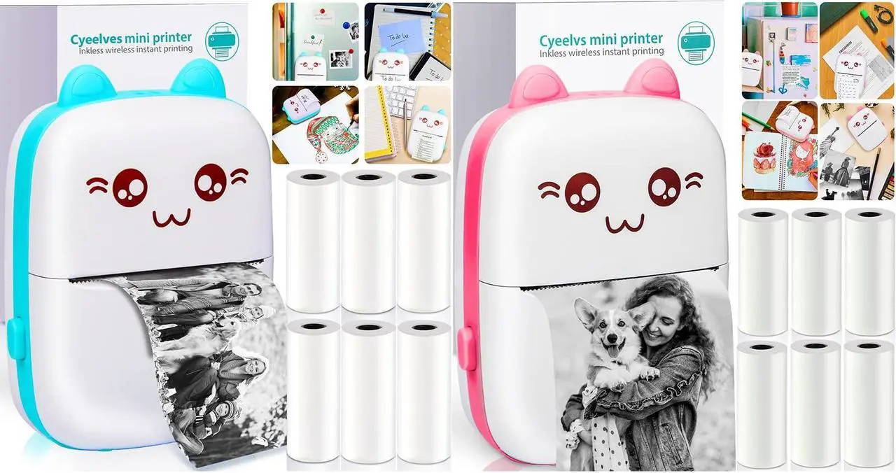 Main image of Mini Printer Portable, Pocket Mini Thermal Printer with 6 Rolls Printing Paper, Bluetooth Smart Mini Sticker Printer compatible with iOS Android, Inkless Printer for Photo Picture QR Code Receipt List