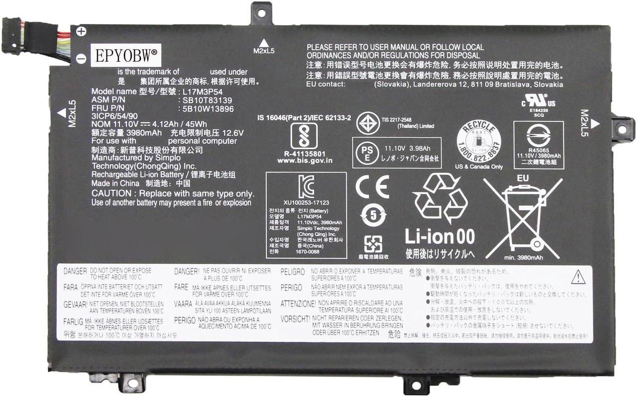 Main image of EPYOBW L17M3P54 L17M3P53 L17C3P52 Battery 45Wh 4120mAh 3-Cell 11.1V Compatible with Lenovo ThinkPad L480 L490 L580 L590 / ThinkPad L14 L15 / ThinkPad L14 Gen 2 / ThinkPad L15 Gen 2 Series L17L3P52