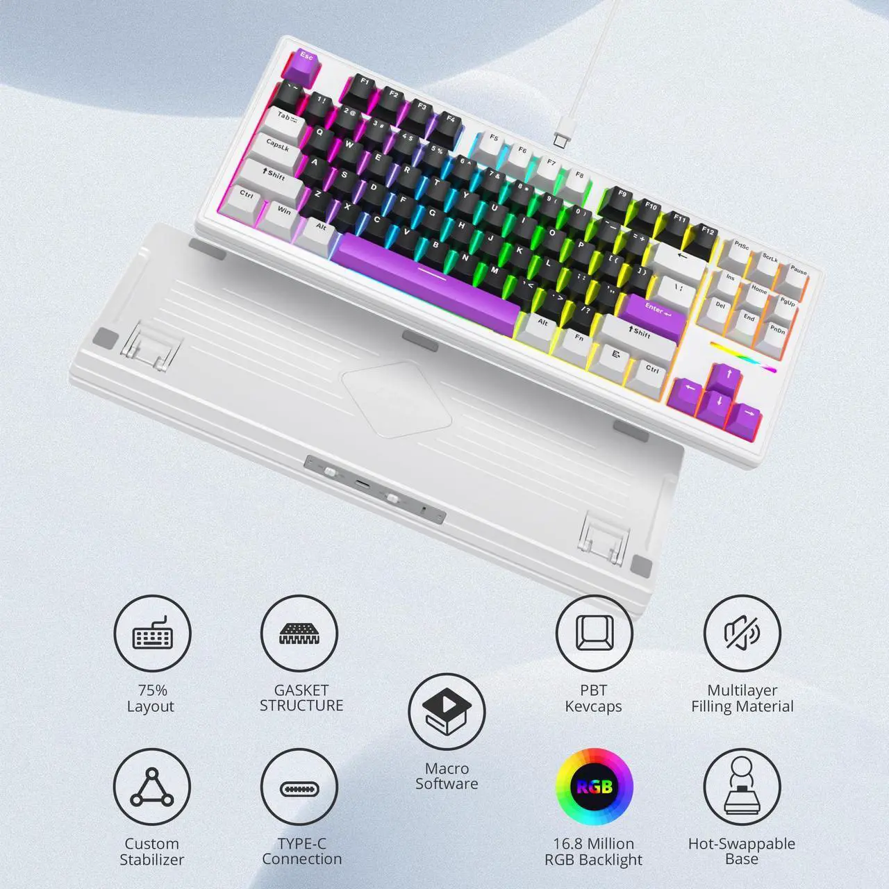 Alt view image 5 of 5 - Mosptnspg 80% TKL Wired Mechanical Keyboard,RGB Backlit Gasket Mount 87 Key Hot Swappable Custom Linear Switch Gaming Keyboard with PBT Keycaps (black purple)
