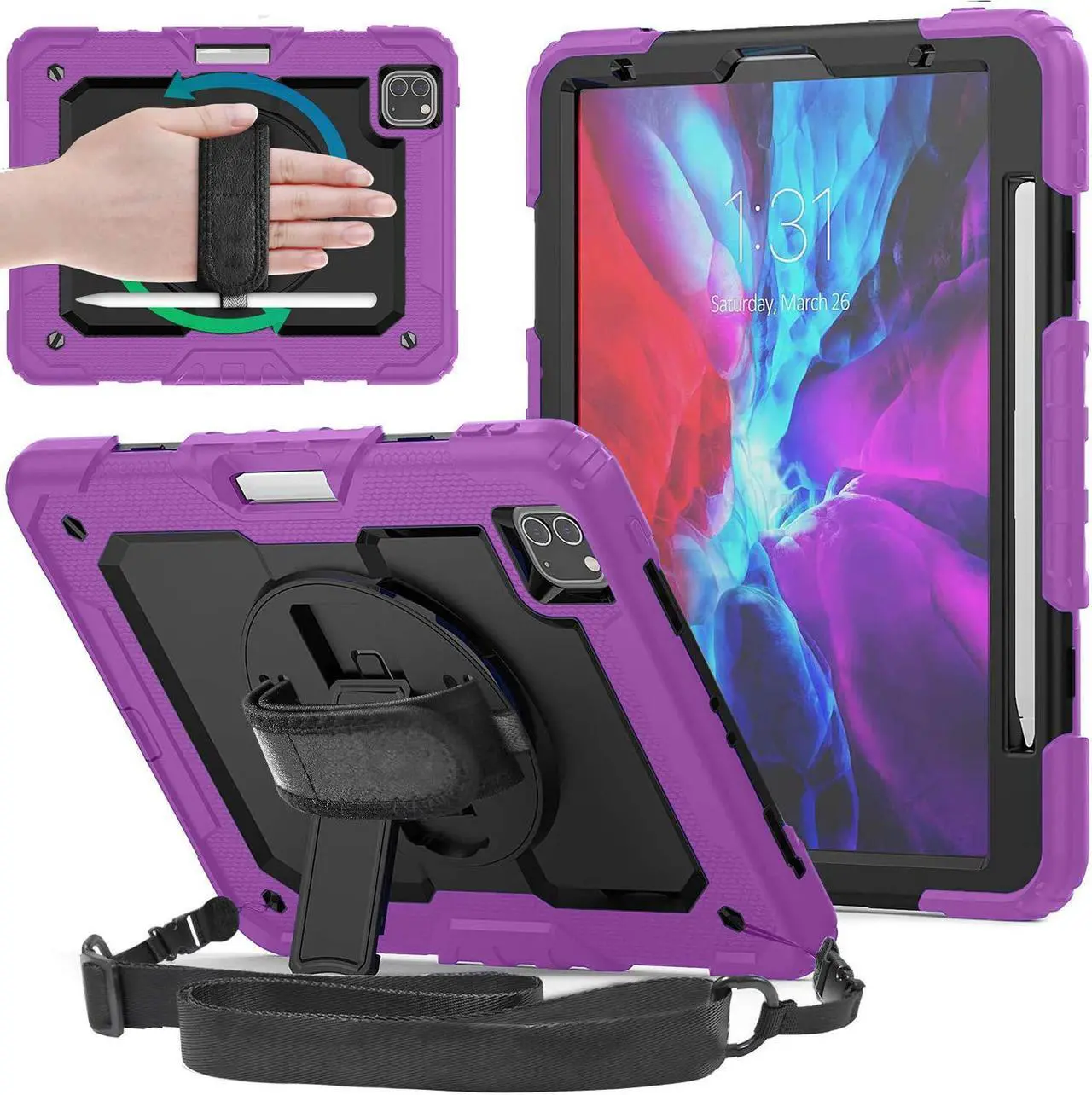 Main image of DuraSafe Cases for iPad 12.9 6th 5th 4th 3rd PRO 12.9 [ Pro 12.9 3/4 / 5/6 Gen ] A2436 A2764 A2437 A2378 A2461 A2379 A1876 A2014 A1895 A2229 A2069 A2232 Shock Proof Cover with Shoulder Strap - Purple