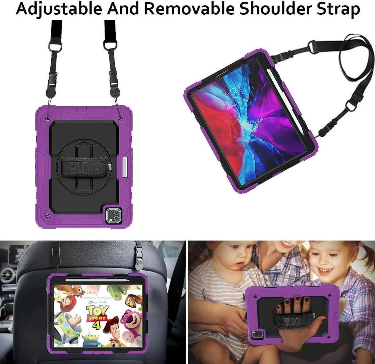 Alt view image 5 of 5 - DuraSafe Cases for iPad 12.9 6th 5th 4th 3rd PRO 12.9 [ Pro 12.9 3/4 / 5/6 Gen ] A2436 A2764 A2437 A2378 A2461 A2379 A1876 A2014 A1895 A2229 A2069 A2232 Shock Proof Cover with Shoulder Strap - Purple