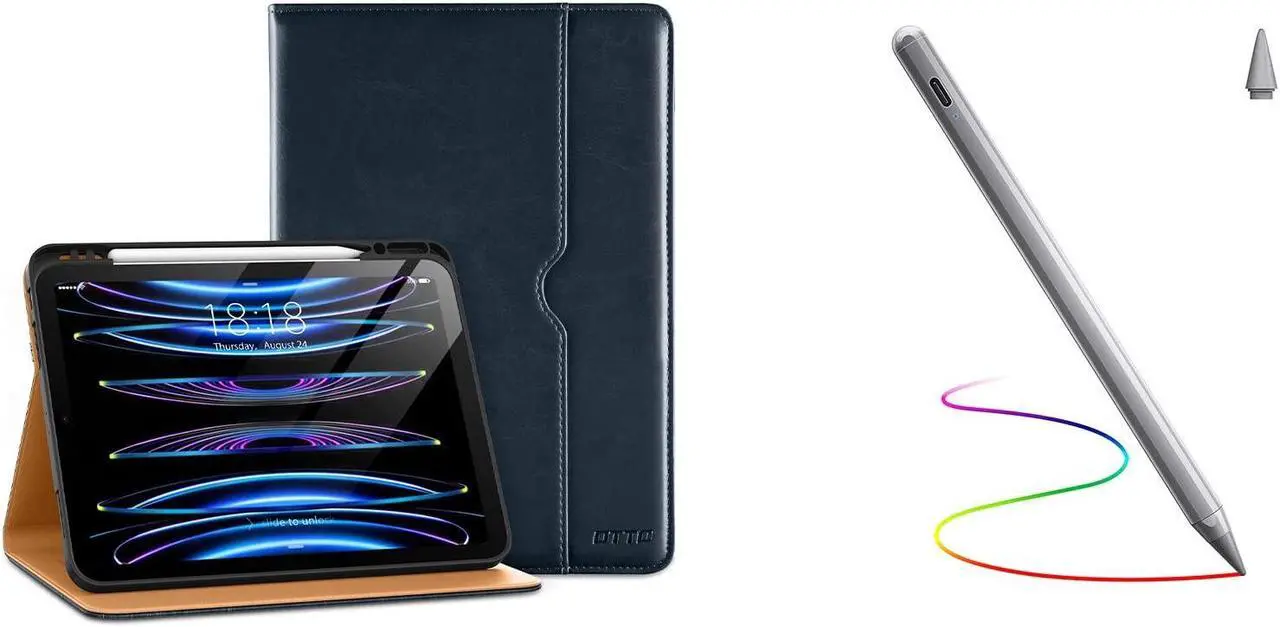 Main image of DTTO iPad Pro 12.9 6th / 5th / 4th / 3rd Generation Case 2022/2021/2020/2018, Premium Leather Folio Stand Case Blue with Stylus Pen Grey