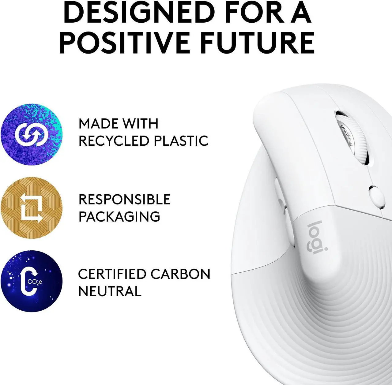 Alt view image 5 of 5 - Logitech Lift Vertical Ergonomic Mouse, Wireless, Bluetooth or Logi Bolt USB receiver, Quiet clicks, 4 buttons, compatible with Windows/macOS/iPadOS, Laptop, PC - Off White