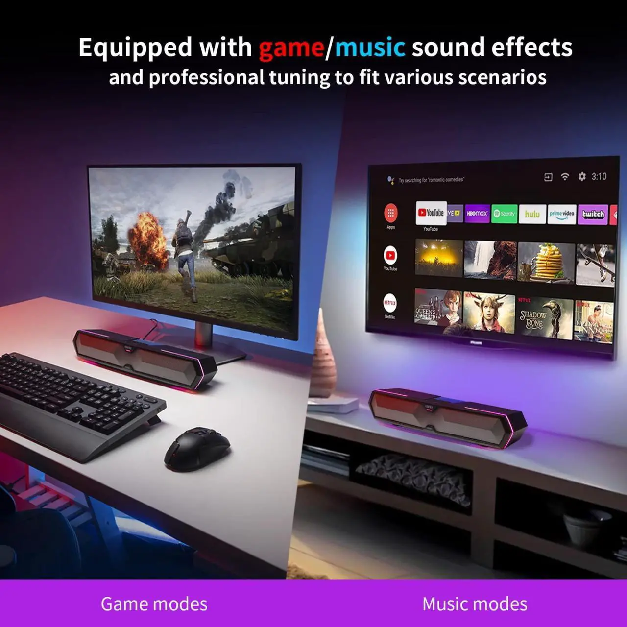 Alt view image 5 of 5 - Edifier MG300 Computer Sound Bar: Loud Speakers with Deep Bass - Switch RGB Built-in Microphone for Gaming Speakers Wireless Bluetooth 5.3 & USB Adapter PC Sound Bar for Desktop