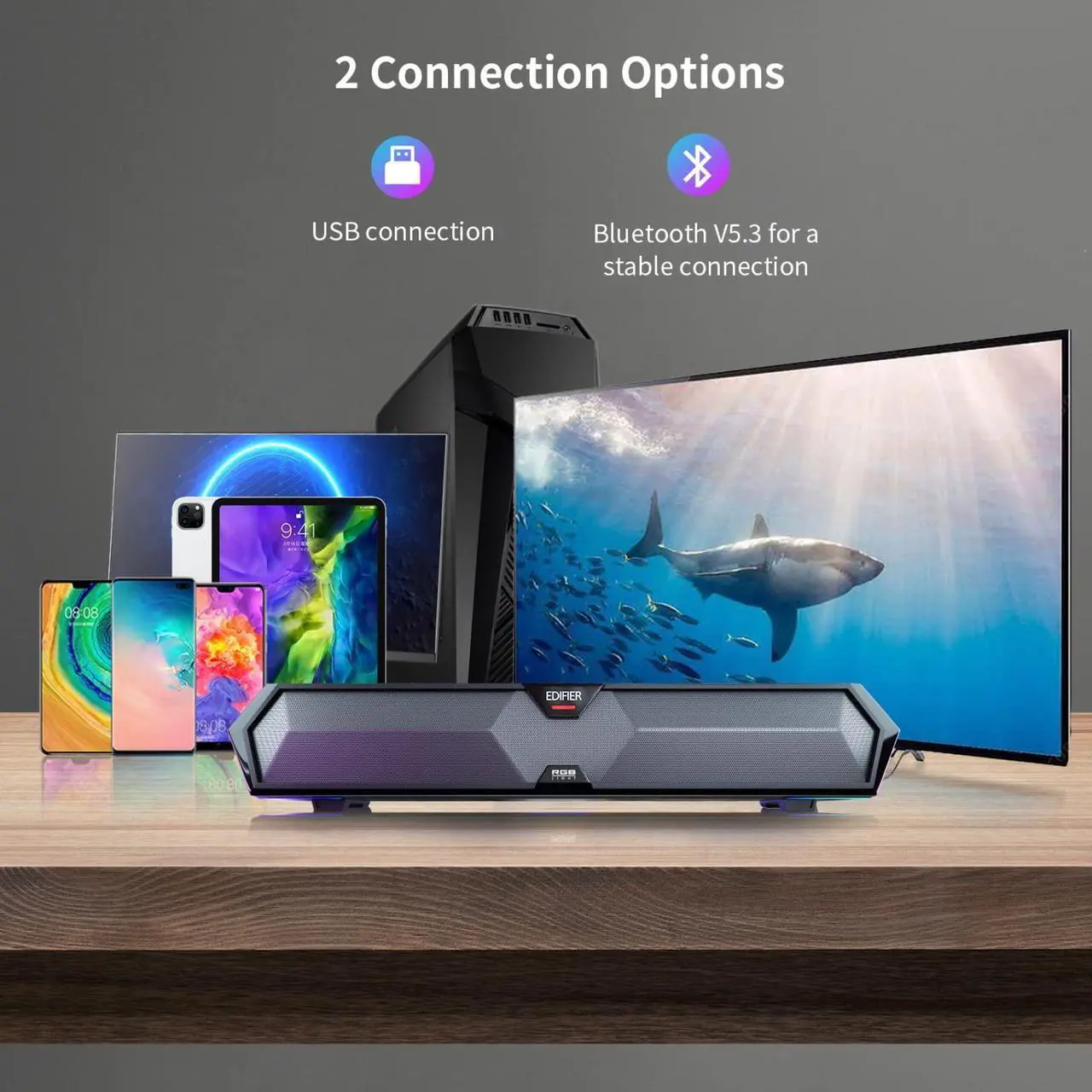 Alt view image 3 of 5 - Edifier MG300 Computer Sound Bar: Loud Speakers with Deep Bass - Switch RGB Built-in Microphone for Gaming Speakers Wireless Bluetooth 5.3 & USB Adapter PC Sound Bar for Desktop