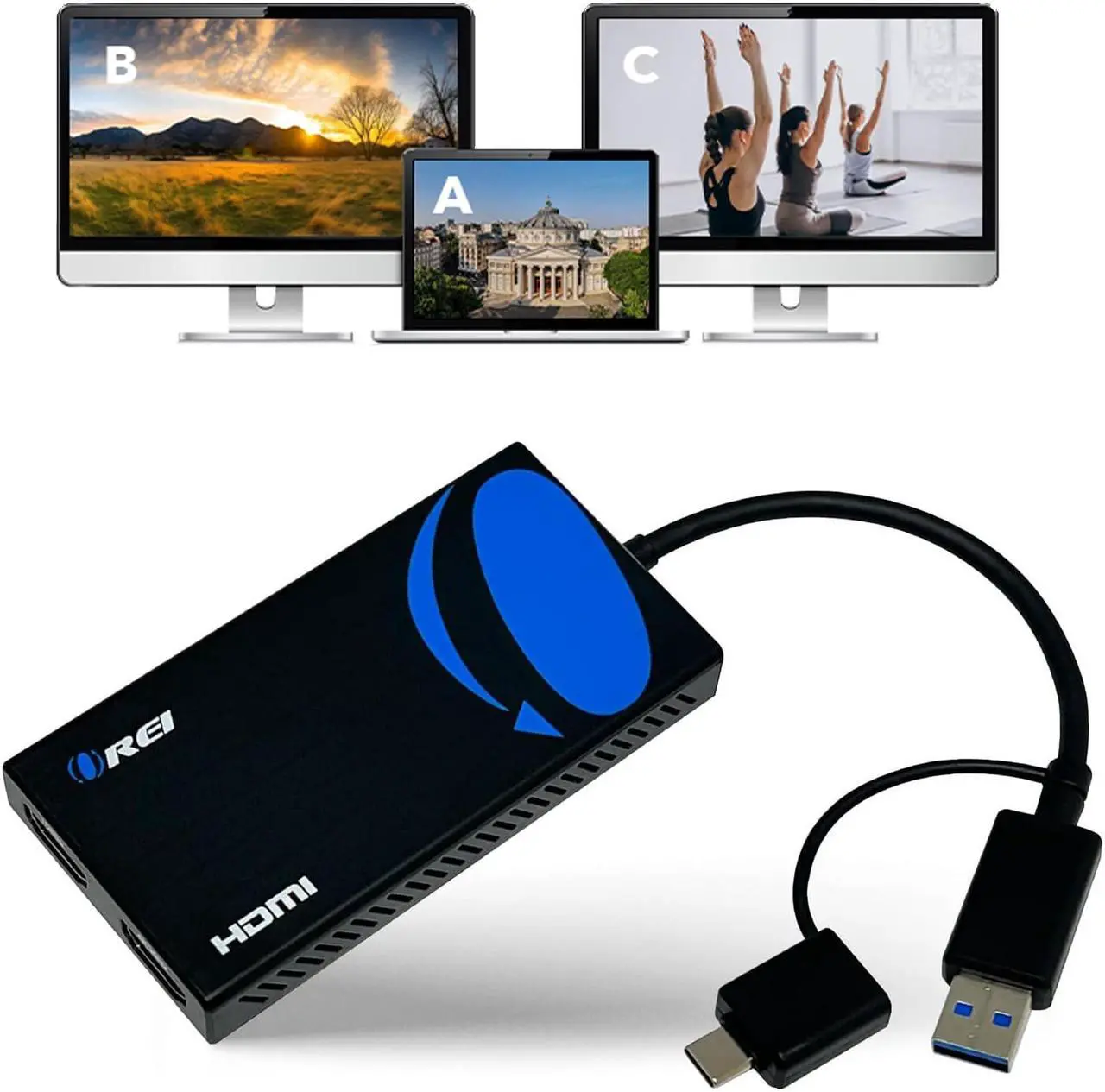 Main image of OREI SplitExtend HDMI Splitter Extended Display for Dual Monitor - Multi-Monitor Display 3 Separate Screens - USB A & USB-C Adapter to HDMI 2.0, 4K@30Hz Output 1, 1080p Output 2 for Windows, Mac OS G