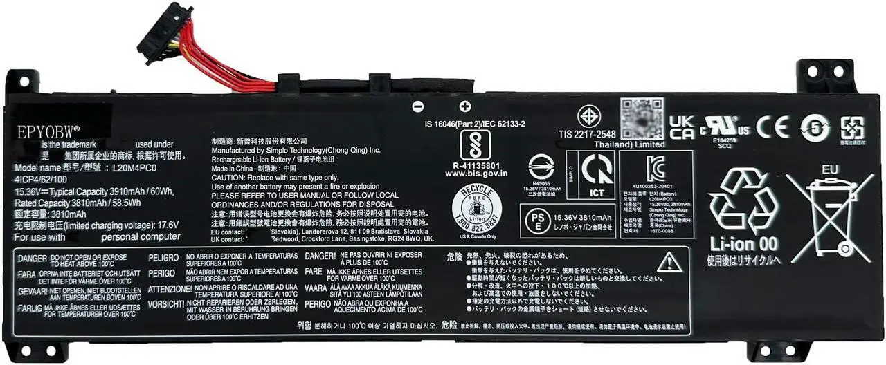 Main image of EPYOBW L20M4PC0 L20C3PC2 Battery 60Wh Compatible with Lenovo ideapad Gaming 3-15ACH6 3-15IHU6 / Legion 5-15ITH6H 5-15ITH6 5-15ACH6H 5-15ACH6 5-15ACH6A Series L20C4PC0 L20M3PC2 L20D4PC0 L20L4PC0