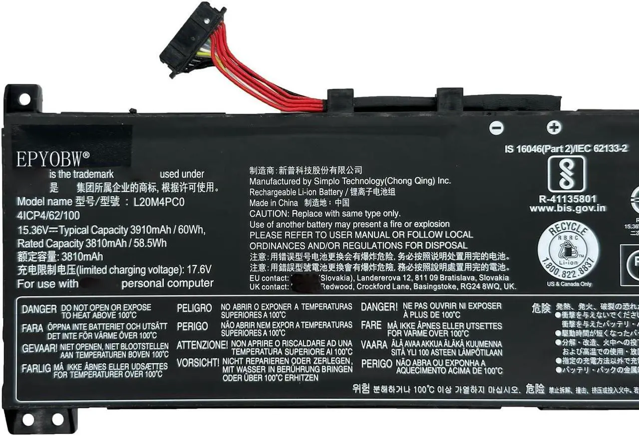 Alt view image 2 of 5 - EPYOBW L20M4PC0 L20C3PC2 Battery 60Wh Compatible with Lenovo ideapad Gaming 3-15ACH6 3-15IHU6 / Legion 5-15ITH6H 5-15ITH6 5-15ACH6H 5-15ACH6 5-15ACH6A Series L20C4PC0 L20M3PC2 L20D4PC0 L20L4PC0