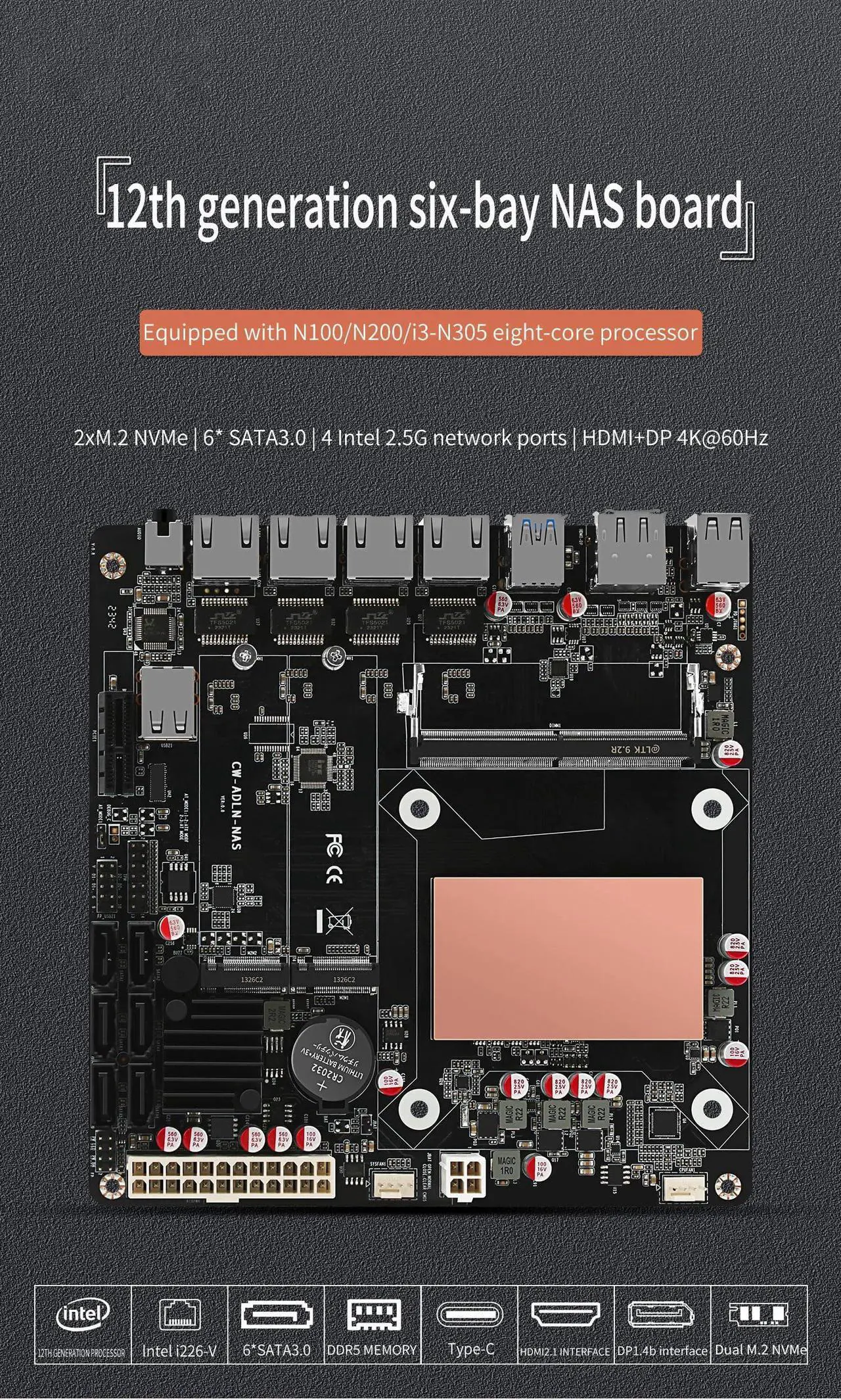 Alt view image 5 of 5 - HKUXZR N100 Industrial Motherboard NAS 4 Cores 4 Threads Low Power Processor 4x2.5G i226 Network M.2 Slot 6xSATA DP HDMI 2.0 PCIE x1