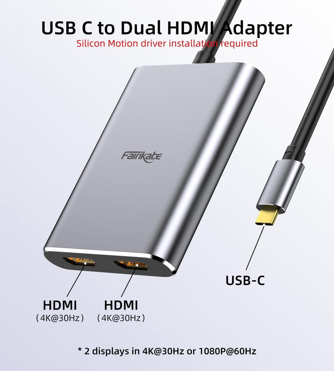 Alt view image 3 of 5 - fairikabe USB C to Dual HDMI Adapter for 2 Monitors, 2 HDMI Extend Displays for MacBook, HDMI Splitter for Dual Monitors Extended Display, MST Adapter for MacBook Pro Air M1 M2 MacOS and Windows