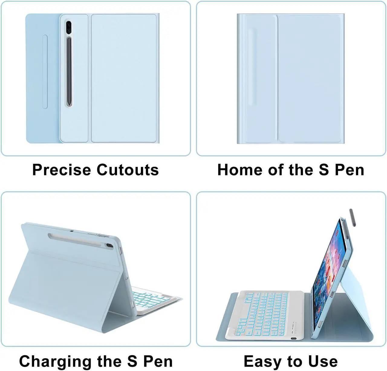 Alt view image 3 of 5 - Galaxy Tab S7 FE Case with Keyboard(5G)12.4 inch,Detachable Wireless Keyboard| Smart 7 Color Backlit Keyboard|Slim Folio Stand with S Pen Holder for Tab S8 Plus 2022/S7 FE 2021/S7 Plus 2020 Light Blue