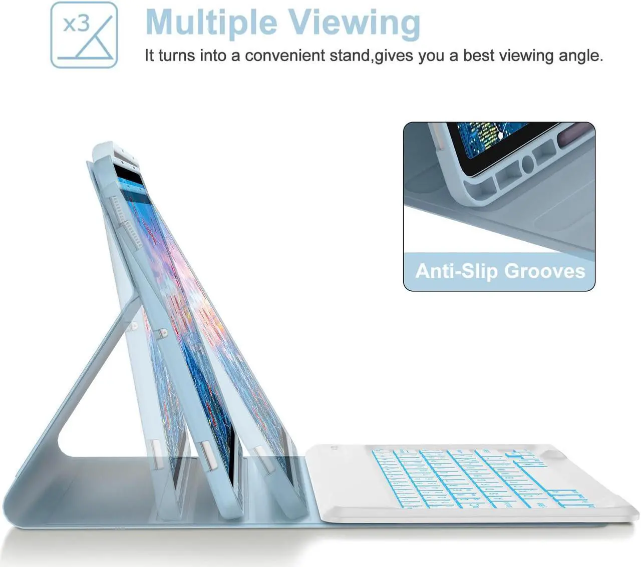 Alt view image 4 of 5 - Galaxy Tab S7 FE Case with Keyboard(5G)12.4 inch,Detachable Wireless Keyboard| Smart 7 Color Backlit Keyboard|Slim Folio Stand with S Pen Holder for Tab S8 Plus 2022/S7 FE 2021/S7 Plus 2020 Light Blue