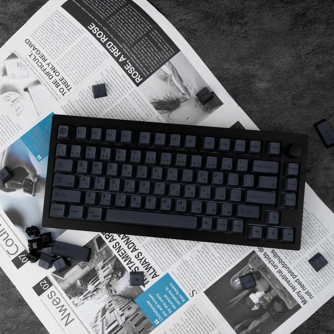 Alt view image 4 of 5 - 143 Keys Grey on Black Keycaps Set, Japanese Keycaps Custom Keycaps Black on Grey Keycaps, PBT Cherry Profile Keycaps for Mechanical Keyboard