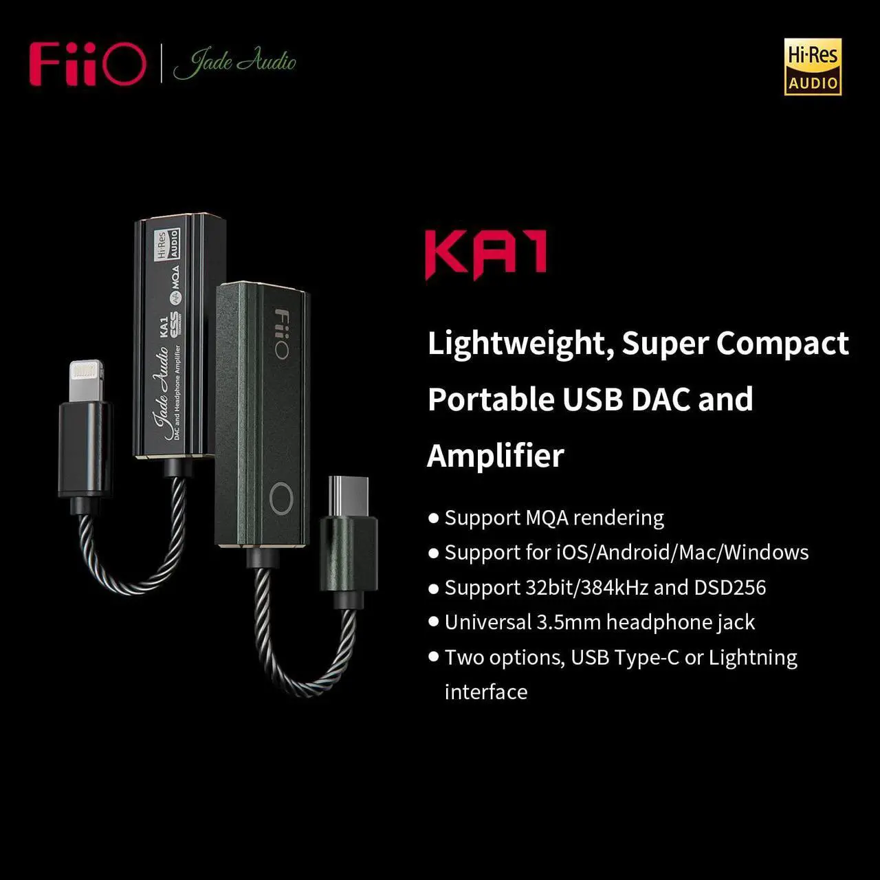 Alt view image 2 of 5 - FiiO JadeAudio KA1 Headphone Amps Amplifier Tiny USB DAC High Resolution 3.5mm Lossless for Smartphones/PC/Laptops/Players(Type C, Black)