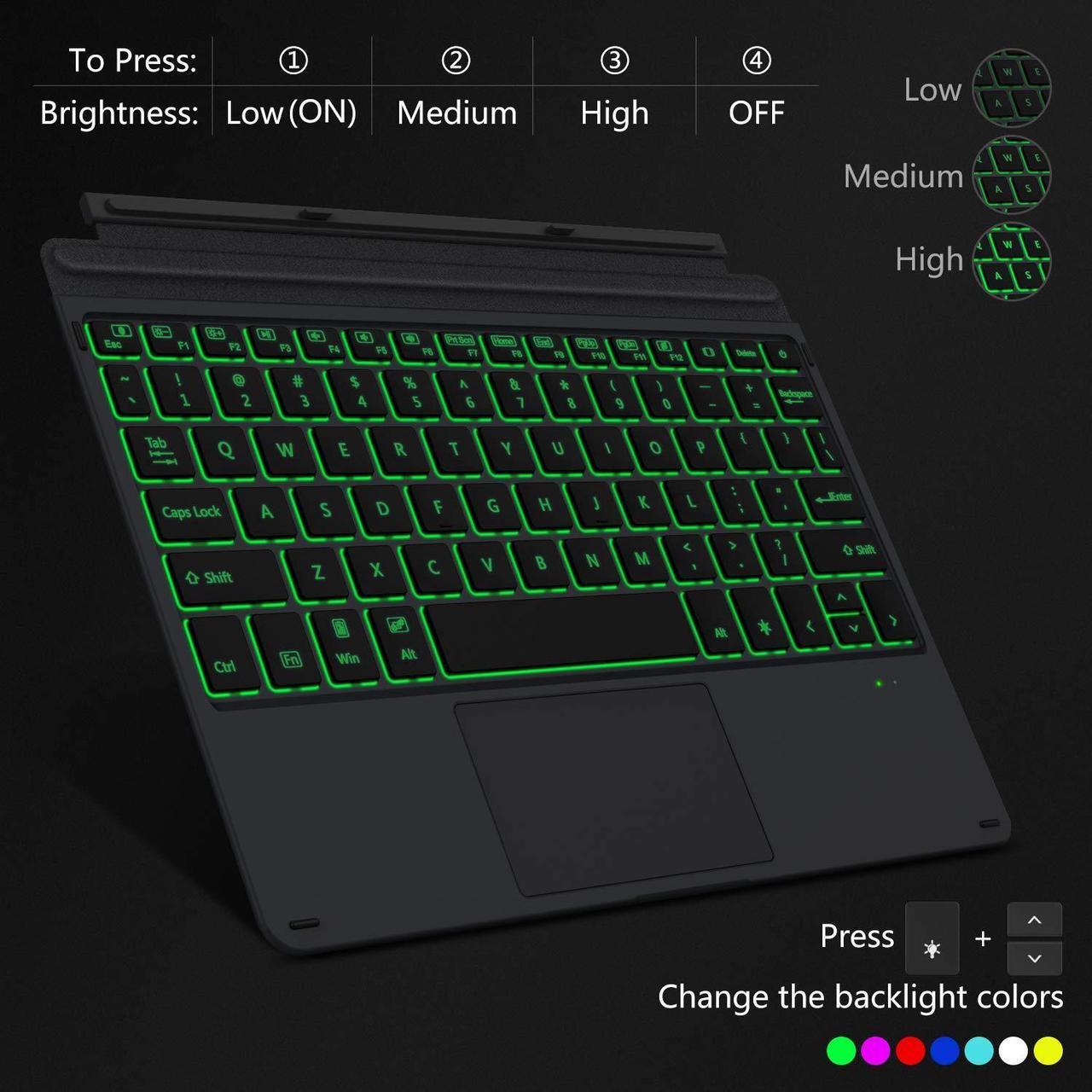 Alt view image 4 of 5 - MoKo Type Cover Fit Microsoft Surface Go 4 (2023)/ Go 3 (2021)/ Go 2 2020 / Go 2018, Slim Wireless Bluetooth Keyboard with Trackpad, 7-Color LED Backlit, Built-in Rechargeable Battery - Black