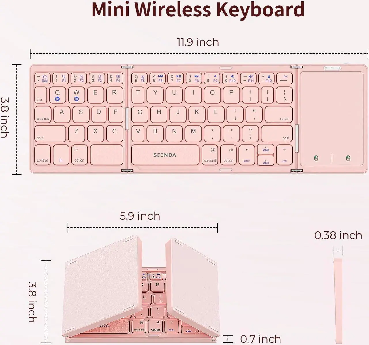 Alt view image 4 of 5 - Foldable Bluetooth Keyboard - Multi-Device Mini Wireless Keyboard with Touchpad, Pocket-Sized Travel Keyboard Compatible with iPad, iPhone, Tablet, Smartphone, iOS, Android, Windows - Pink