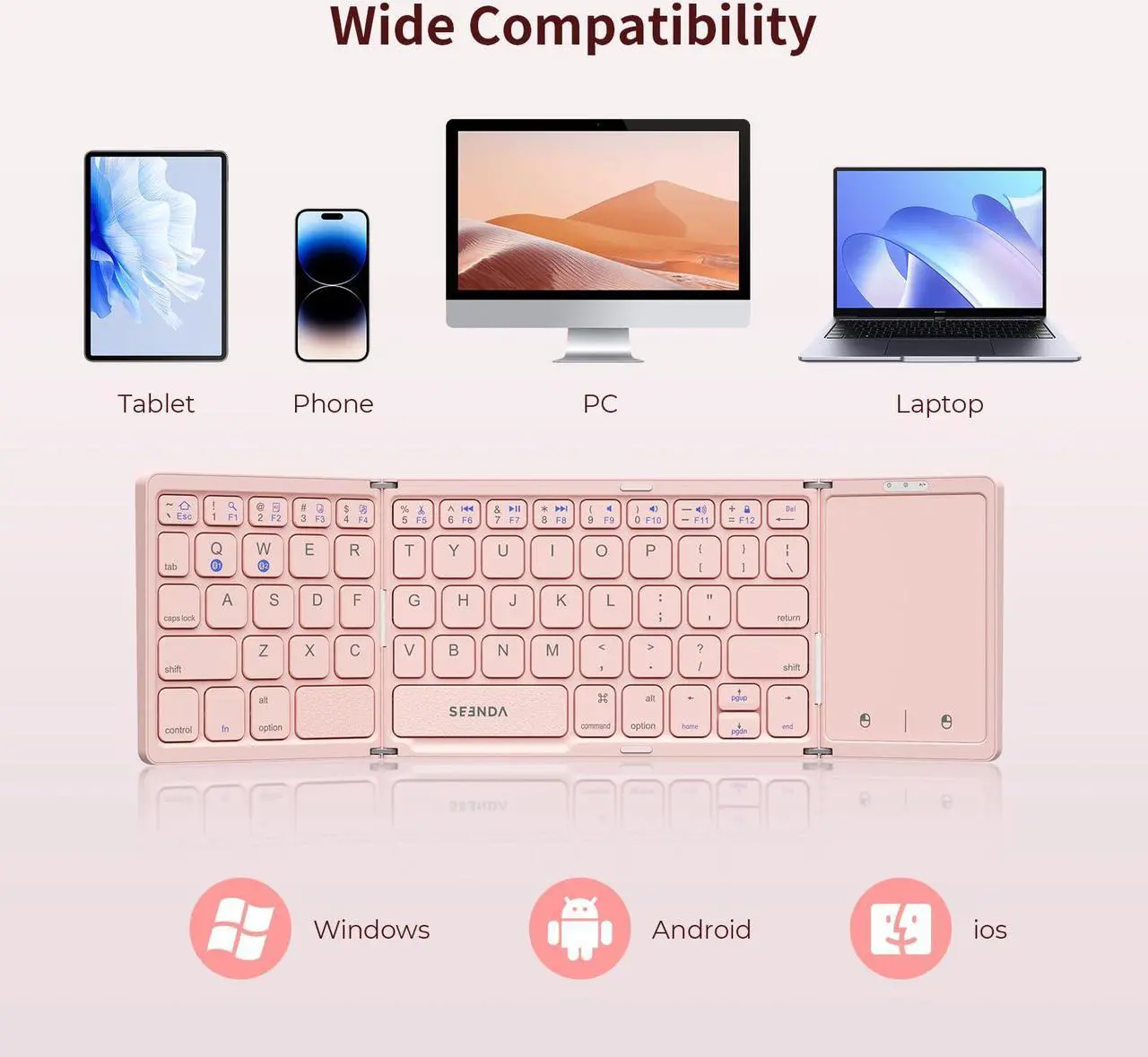 Alt view image 5 of 5 - Foldable Bluetooth Keyboard - Multi-Device Mini Wireless Keyboard with Touchpad, Pocket-Sized Travel Keyboard Compatible with iPad, iPhone, Tablet, Smartphone, iOS, Android, Windows - Pink