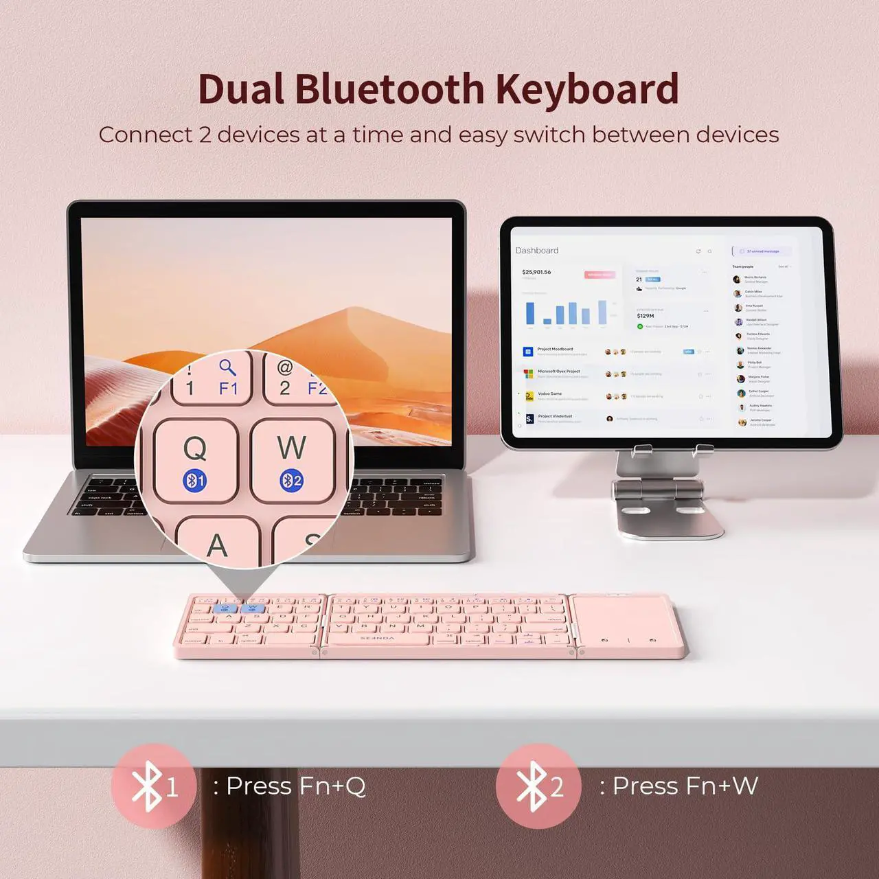 Alt view image 3 of 5 - Foldable Bluetooth Keyboard - Multi-Device Mini Wireless Keyboard with Touchpad, Pocket-Sized Travel Keyboard Compatible with iPad, iPhone, Tablet, Smartphone, iOS, Android, Windows - Pink
