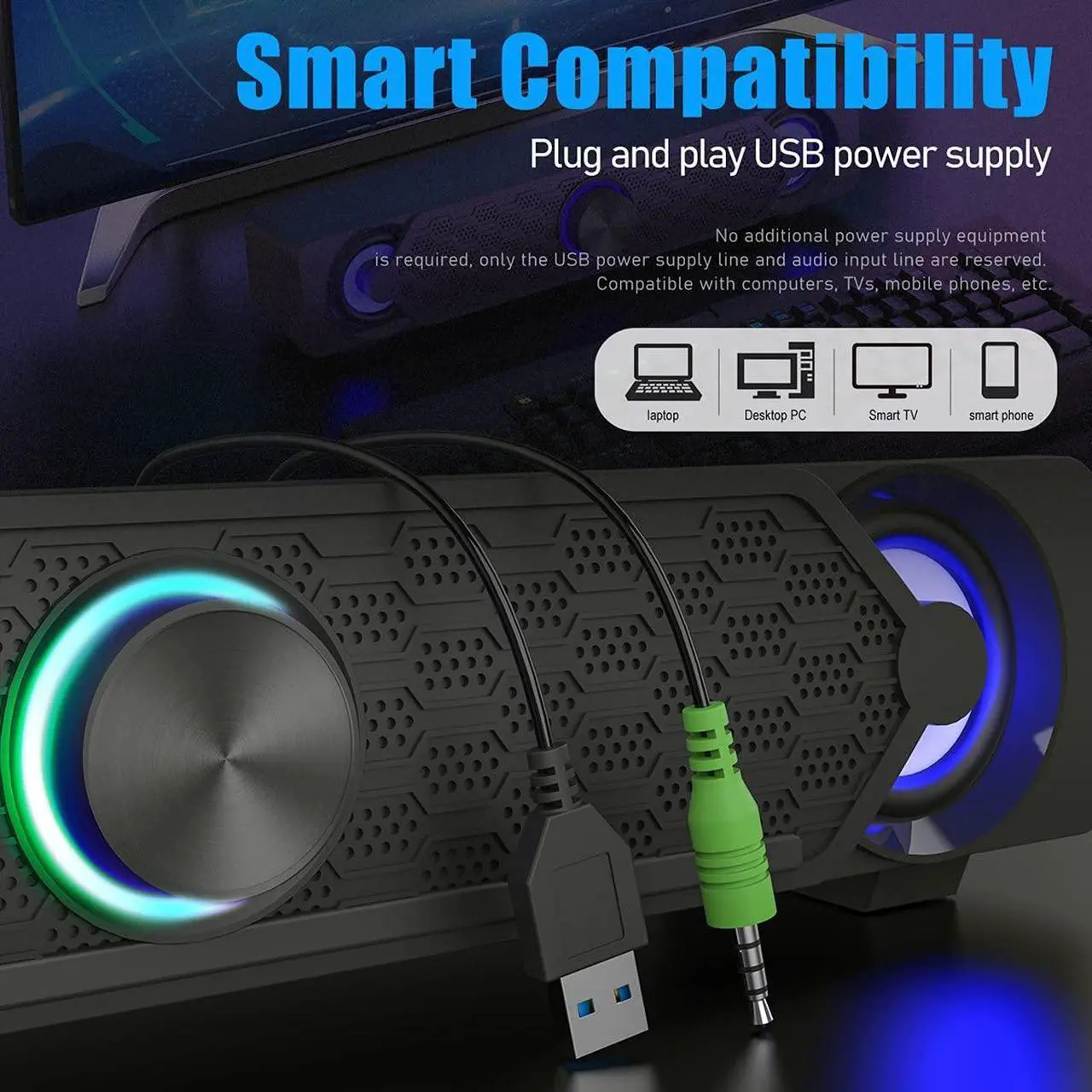 Alt view image 3 of 5 - Smalody Small Computer Speakers for Desktop Gaming Monitor, PC Speakers for Desktop Monitor, Computer Speaker Wired USB Powered, Mini Soundbar with Cool Led Light Effect