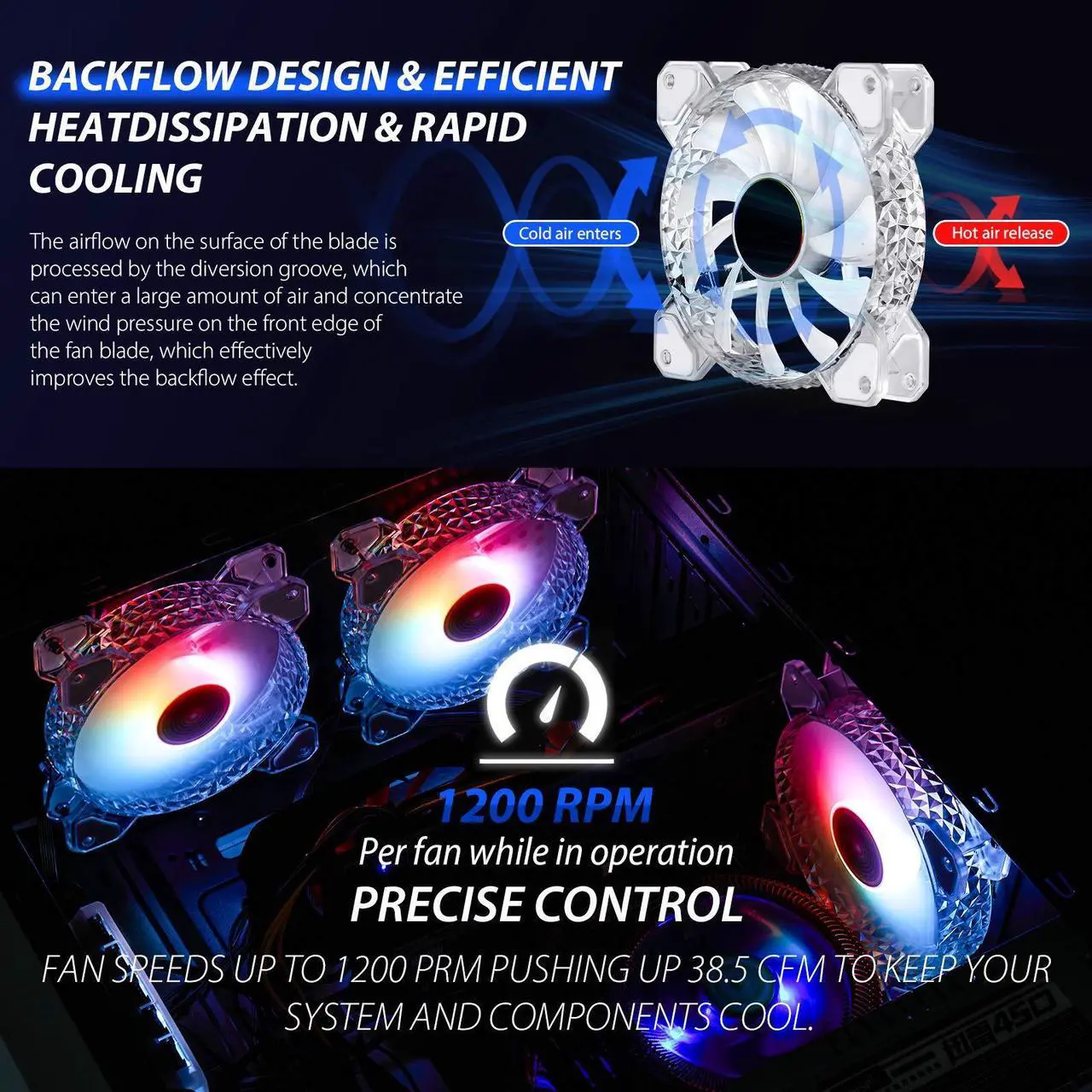 Alt view image 2 of 5 - 3 Pack RGB Case Fans,120mm Ultra-Quiet RGB Chassis Cooling Fans,Equiped with Remote Control Hub,5V ARGB Sync,Speed Adjustable Colorful Cooler,Crystal Appearance, High-Performance Computer Fan for Case