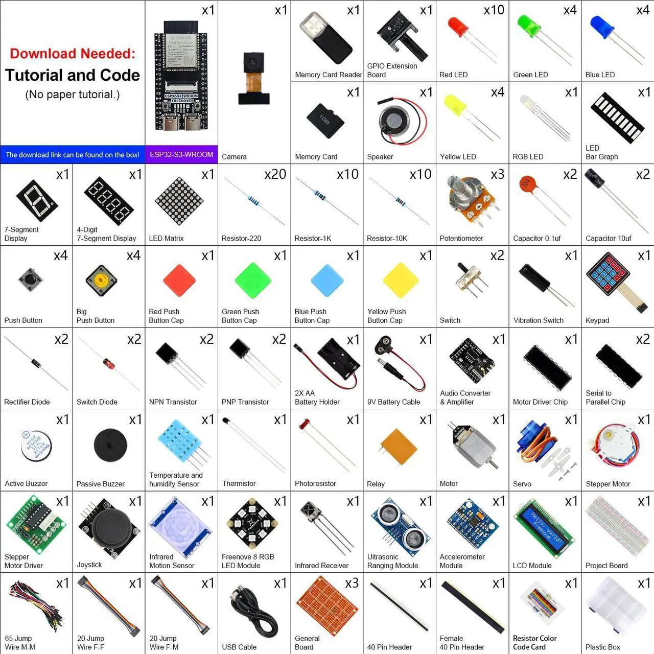 Alt view image 2 of 5 - Freenove Ultimate Starter Kit for ESP32-S3-WROOM CAM (Included), Dual-core 32-bit 240 MHz Microcontroller, Onboard Camera Wireless, Python C Java, 783-Page Detailed Tutorial, 243 Items, 116 Projects