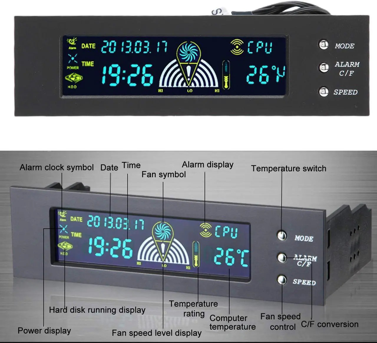 Alt view image 5 of 5 - Computer 3-Fan Speed Controller,10W 3Fan Automatic/Manual Adjustable Speed Controller CPU/HDD/SYS Temperature Control LCD Front Panel 5.25in