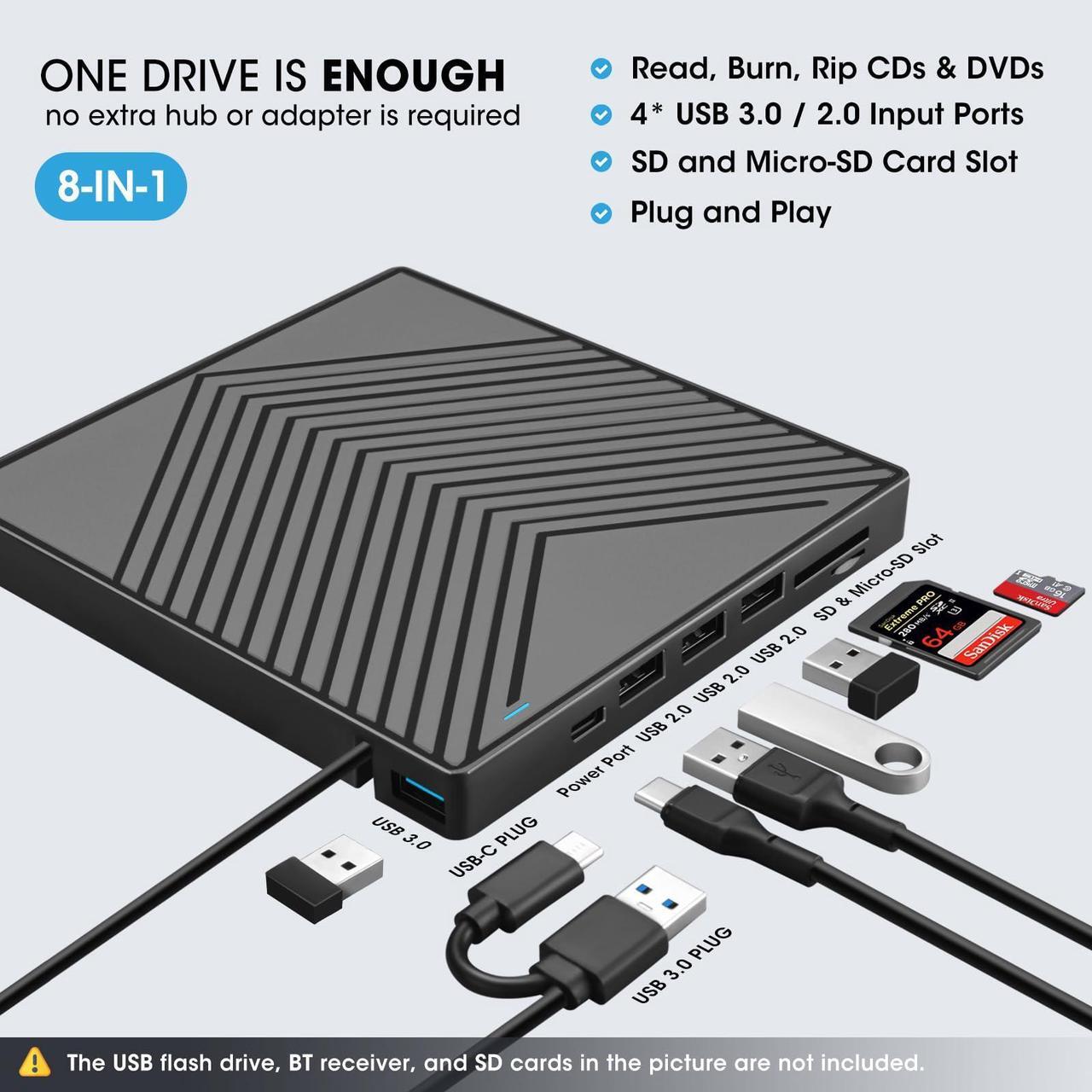 Alt view image 2 of 5 - ROOFULL External CD DVD Drive Player Burner USB 3.0 Portable CD/DVD-ROM +/-RW Optical Disk Drive with 4 USB Ports + 2 SD/TF Card Reader + Carrying Case for Laptop PC Windows Mac Linux Computer