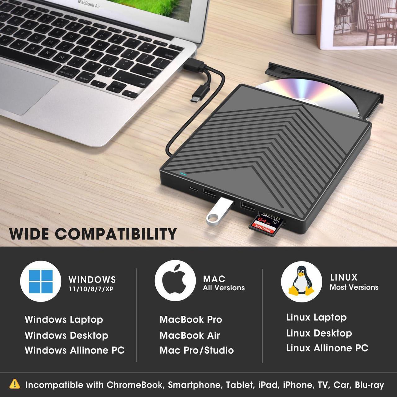 Alt view image 4 of 5 - ROOFULL External CD DVD Drive Player Burner USB 3.0 Portable CD/DVD-ROM +/-RW Optical Disk Drive with 4 USB Ports + 2 SD/TF Card Reader + Carrying Case for Laptop PC Windows Mac Linux Computer