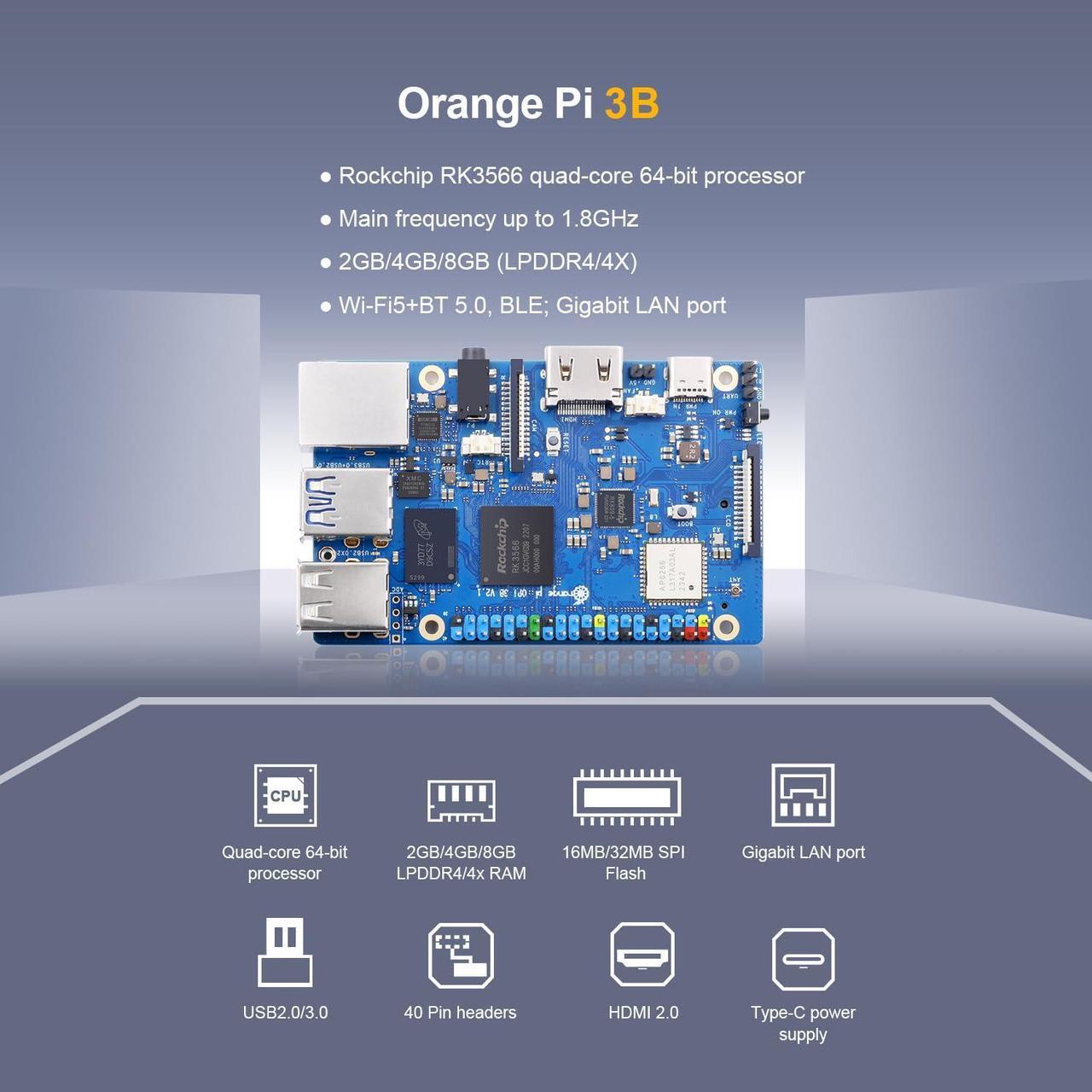 Alt view image 3 of 5 - Orange Pi 3B 8GB LPDDR4/4X Rockchip RK3566 Quad-Core 64-Bit Single Board Computer with eMMC Socket, WiFi 5 and Bluetooth Support, Development Board Run Android/Ubuntu/Debian(Pi 3B 8GB)