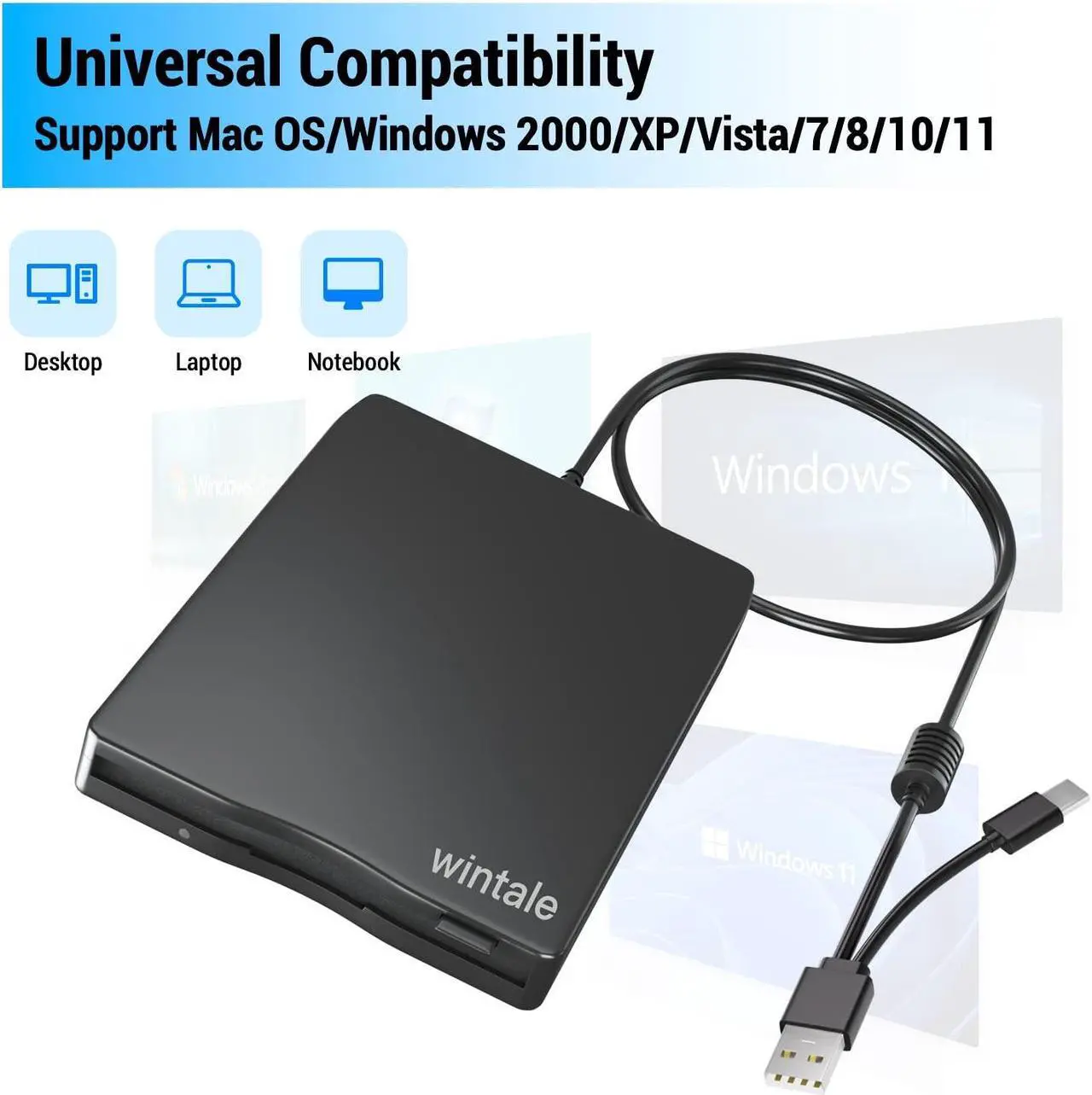 Alt view image 4 of 5 - wintale USB Floopy Drive,Portable 3.5" USB External Floppy Disk Drive,Slim Plug and Play 1.44 MB FDD for PC Windows 2000/XP/Vista/7/8/10/11 Mac
