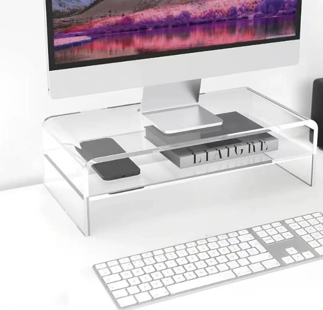 Alt view image 4 of 5 - Wymexen Acrylic Monitor Stand, 2 Tier Computer Monitor Stand Riser,16 inch Acrylic Computer Monitor Stand Riser for iMac, PC, Desktop, Laptop, TV Screen with Extra Storage Space Home Office