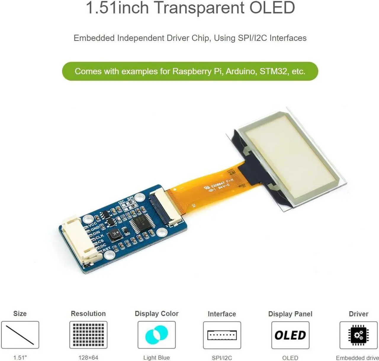 Alt view image 2 of 5 - 1.51inch Transparent OLED Display Module 128x64 Resolution Light Blue Color Display OLED for Raspberry Pi/Arduino/STM32,Full Viewing Angle,Embedded Independent Driver Chip,SPI/I2C Interfaces