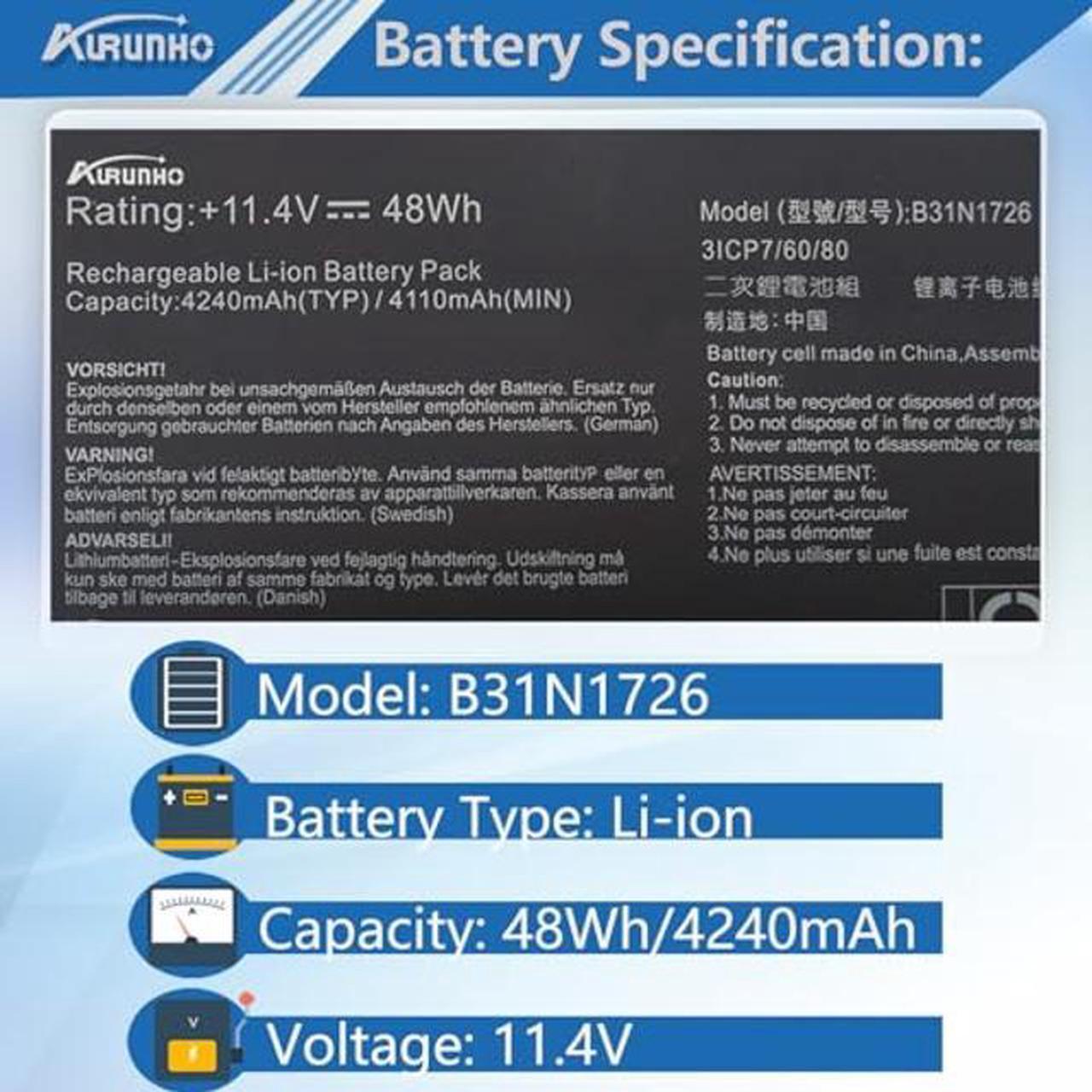 Alt view image 2 of 5 - AURUNHO B31N1726 48Wh Laptop Battery Replacement for ASUS TUF Gaming A15 FA506 FA506IU FA706II A17 FA706II FX504 FX505 FX80 FX80G FX80GD FX80GE FX80GM FX86 FX86FE FX86FM series B31BN91 B31N1726-1