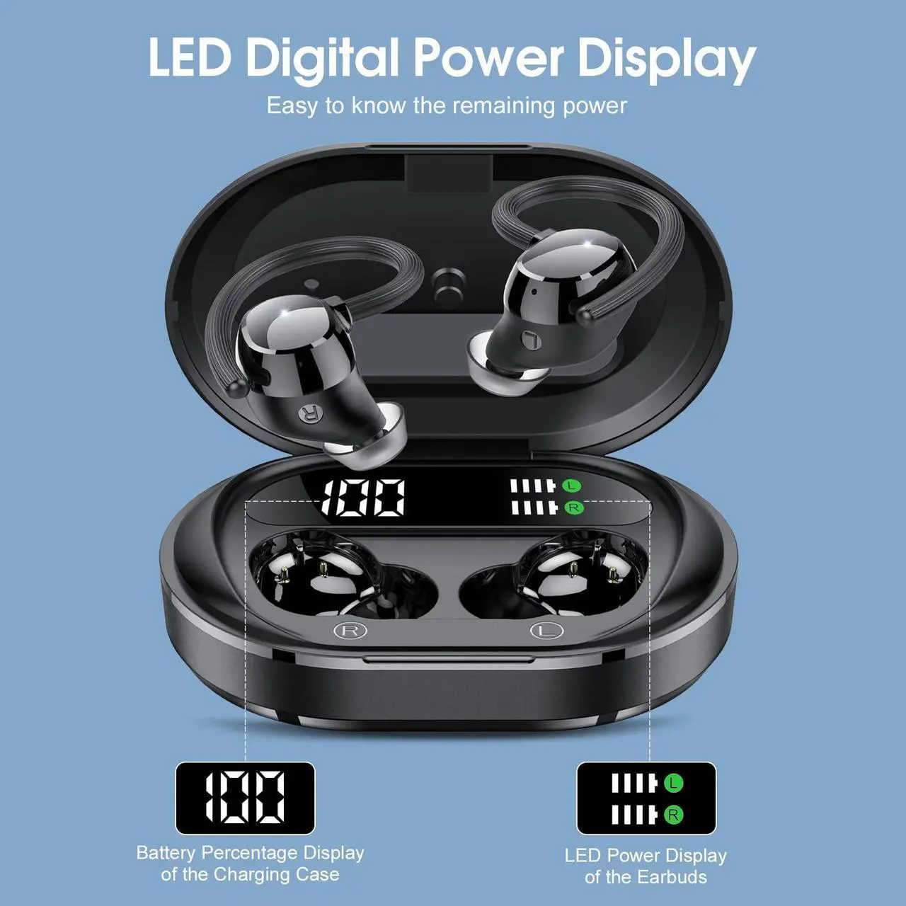 Alt view image 2 of 5 - Wireless Earbuds, 2023 New Ultralight Sport Bluetooth 5.3 Headphones In Ear with LED Display, Built-in Mic Earphones, IPX7 Waterproof Wireless Headphones with Earhooks for Gym Workout (Black)
