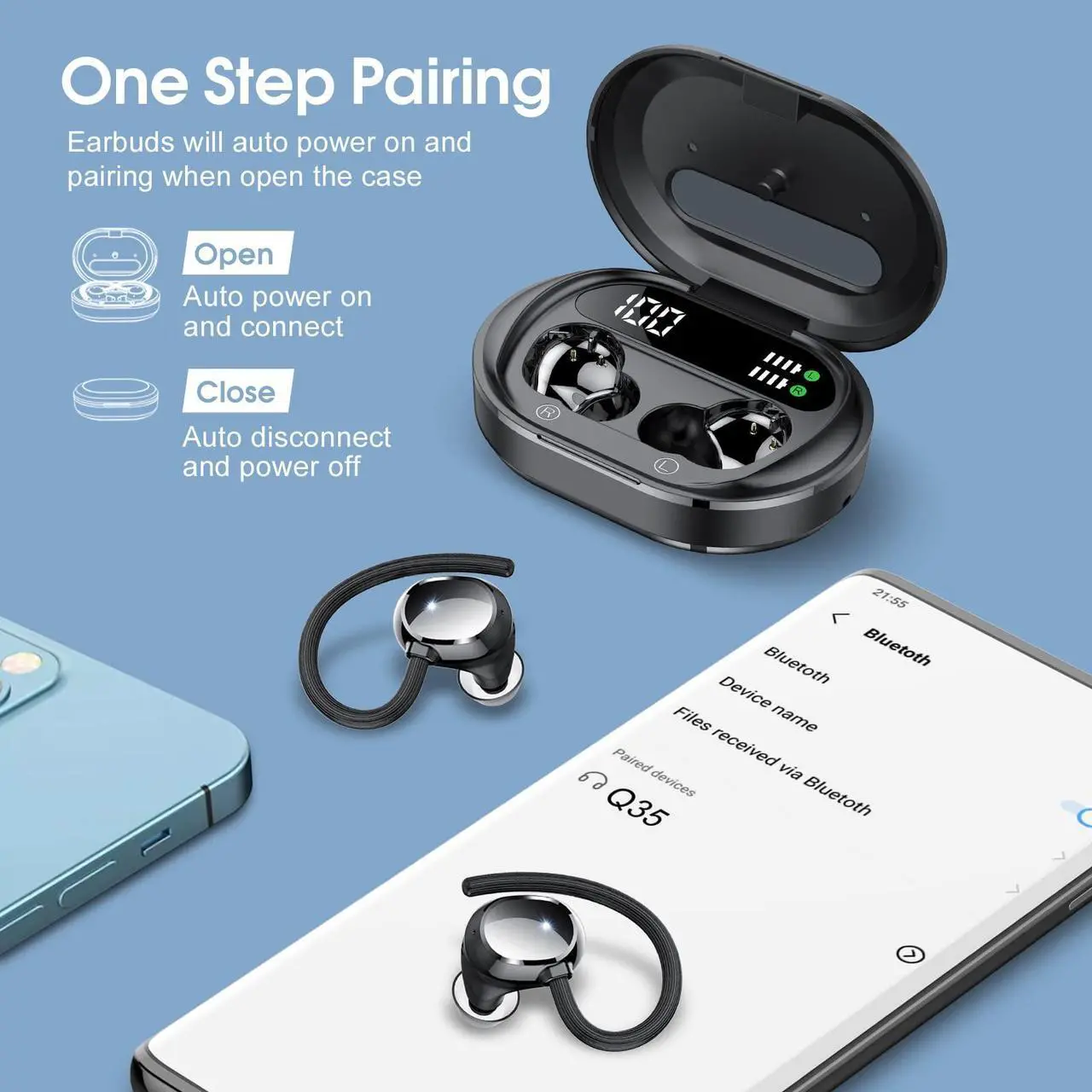 Alt view image 5 of 5 - Wireless Earbuds, 2023 New Ultralight Sport Bluetooth 5.3 Headphones In Ear with LED Display, Built-in Mic Earphones, IPX7 Waterproof Wireless Headphones with Earhooks for Gym Workout (Black)