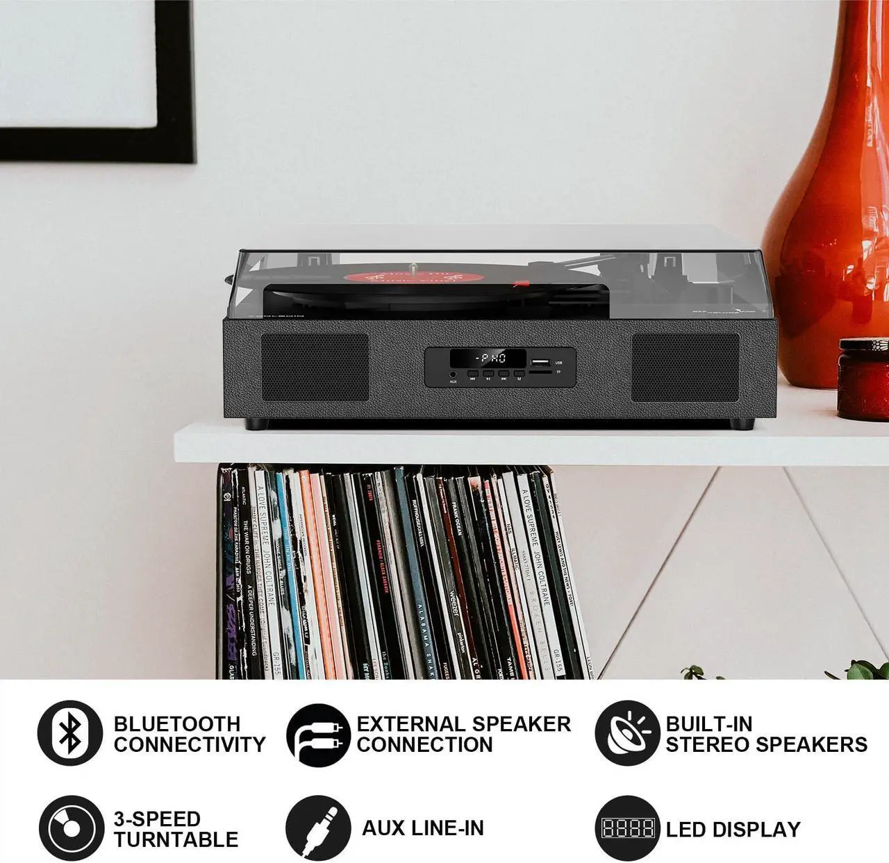 Alt view image 2 of 5 - Vinyl Record Player with Speakers, Belt-Drive 3 Speed Vintage Bluetooth Turntable, USB Recording, AUX-in & RCA Line Out LP Player, Black