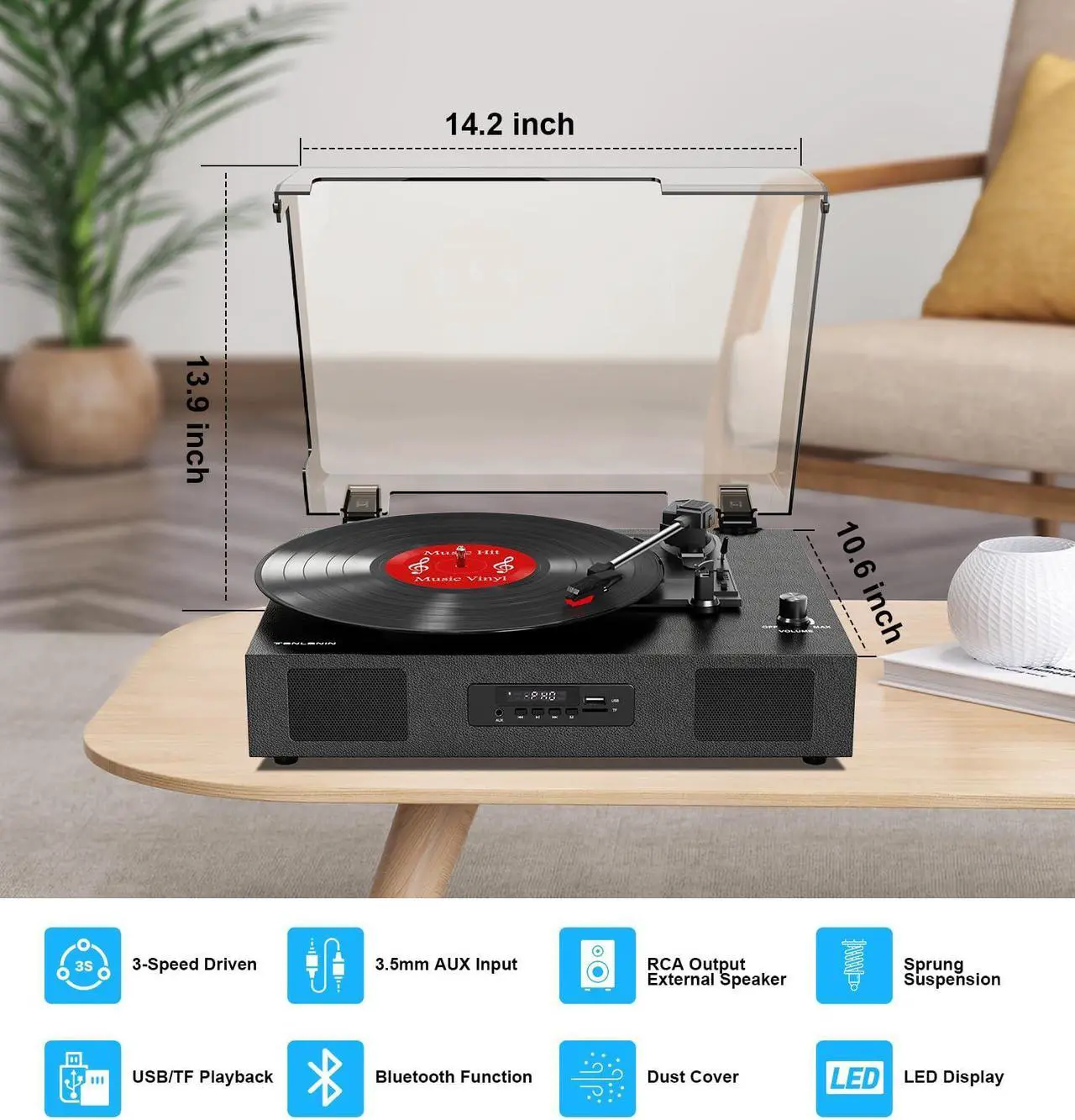 Alt view image 5 of 5 - Vinyl Record Player with Speakers, Belt-Drive 3 Speed Vintage Bluetooth Turntable, USB Recording, AUX-in & RCA Line Out LP Player, Black