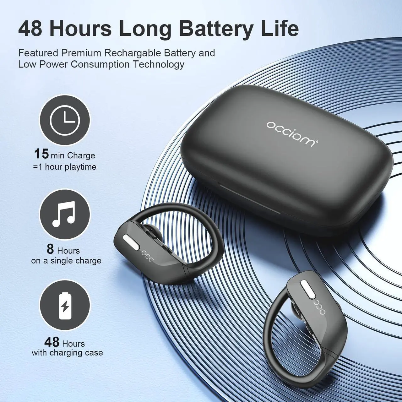 Alt view image 2 of 5 - occiam Wireless Earbuds Bluetooth Headphones 48H Play Back Earphones in Ear Waterproof with Microphone LED Display for Sports Running Workout Black