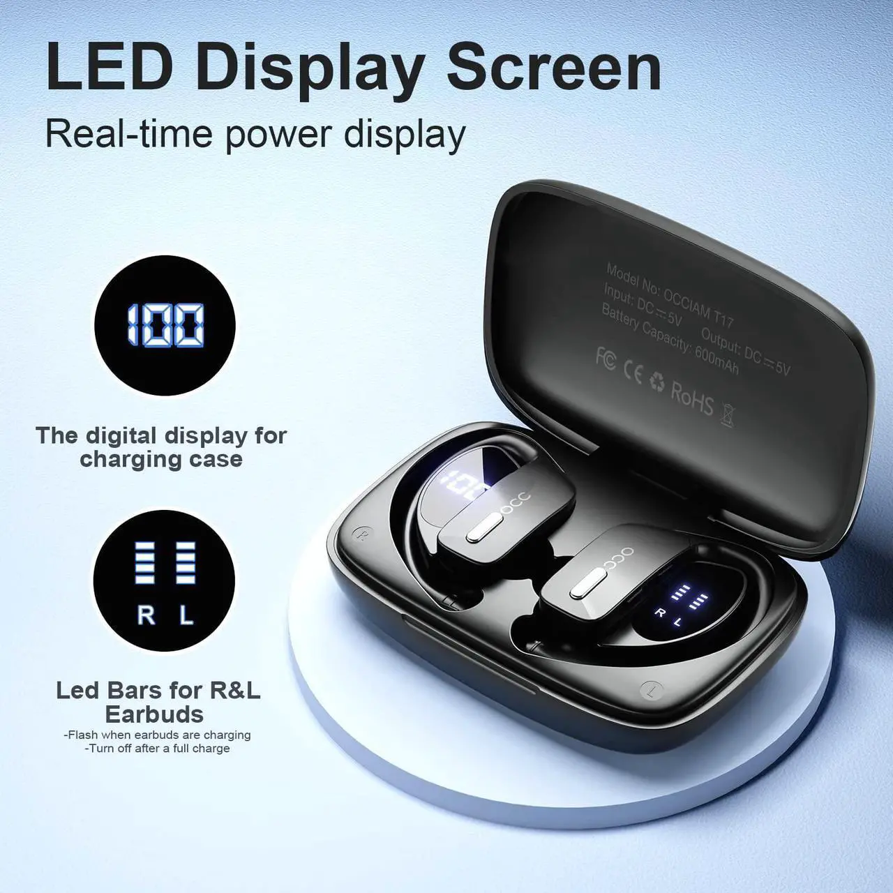 Alt view image 3 of 5 - occiam Wireless Earbuds Bluetooth Headphones 48H Play Back Earphones in Ear Waterproof with Microphone LED Display for Sports Running Workout Black