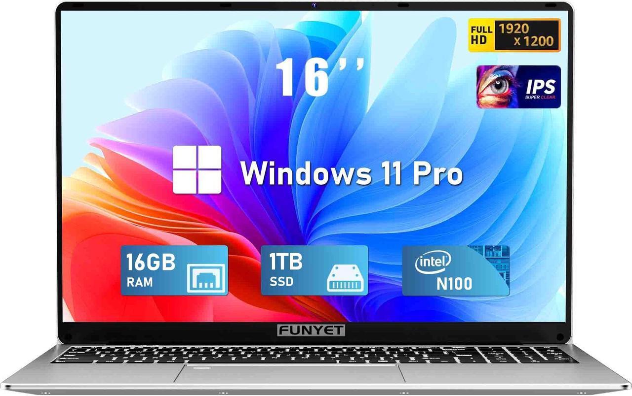 Main image of FUNYET 16 Inch Laptop Computer | Gaming Laptop | 16GB RAM 1TB SSD | 12th Gen N100 Processor | FHD 1920 * 1200 Display | 180 Angle Opening | Backlit Keyboard | Windows 11 Pro | Fingerprint Unlock