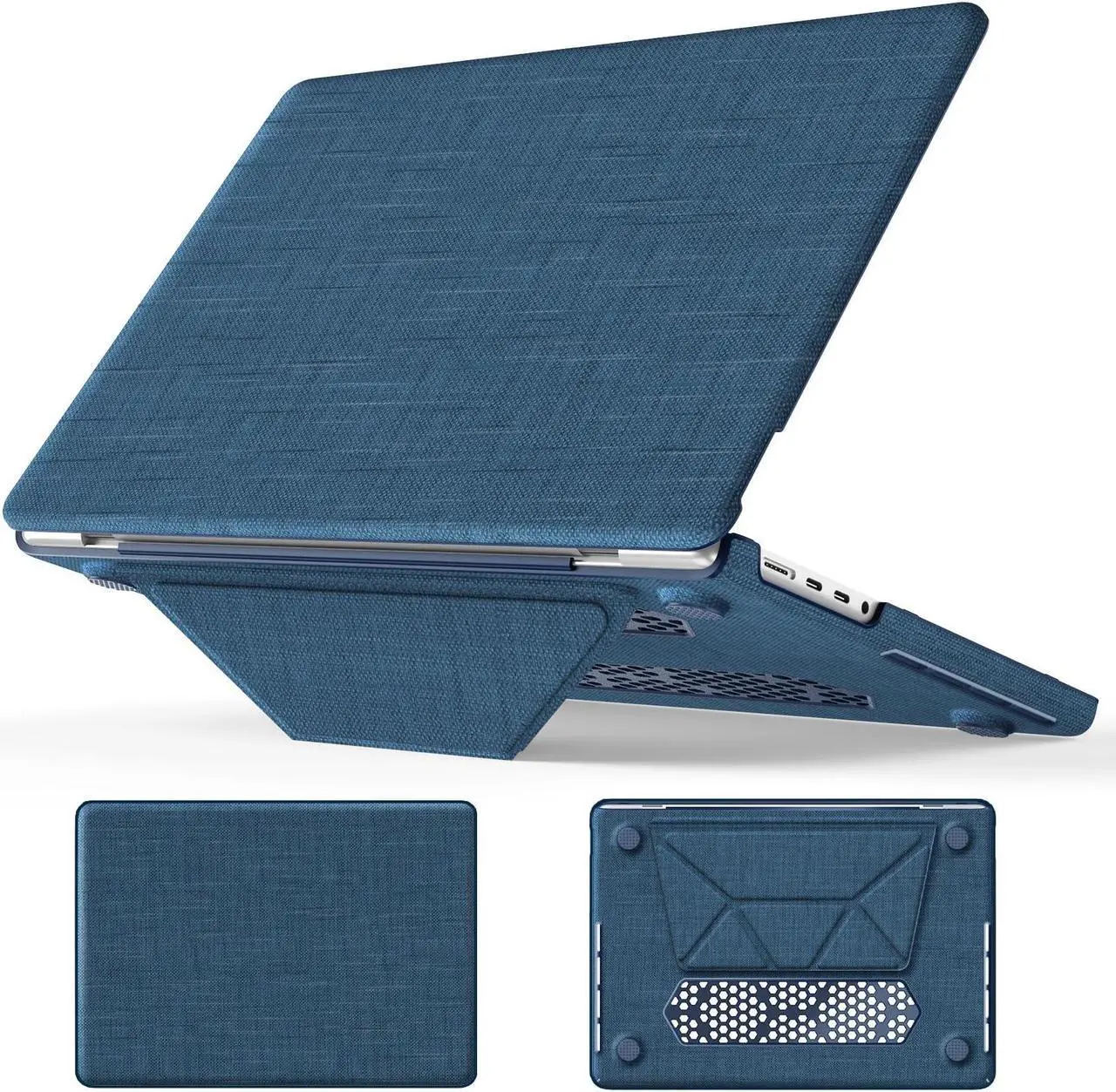 Main image of MEEgoodo for M4 MacBook Pro 14 inch Case 2024 2023 2021,Fabric Kickstand Cover Fit Model A3112/A3401/A3185/A2918/A2992/A2779/A2442 M3 M2 M1 Pro/Max with TPU Keyboard&Webcam Cover&OTG Adapter,Navy Blue