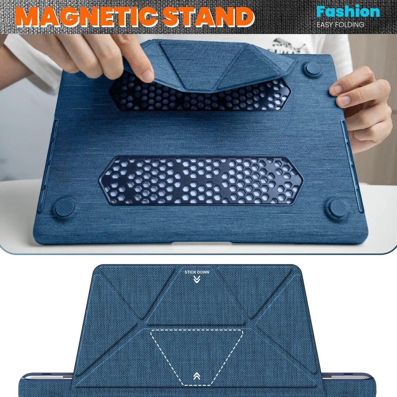 Alt view image 4 of 5 - MEEgoodo for M4 MacBook Pro 14 inch Case 2024 2023 2021,Fabric Kickstand Cover Fit Model A3112/A3401/A3185/A2918/A2992/A2779/A2442 M3 M2 M1 Pro/Max with TPU Keyboard&Webcam Cover&OTG Adapter,Navy Blue